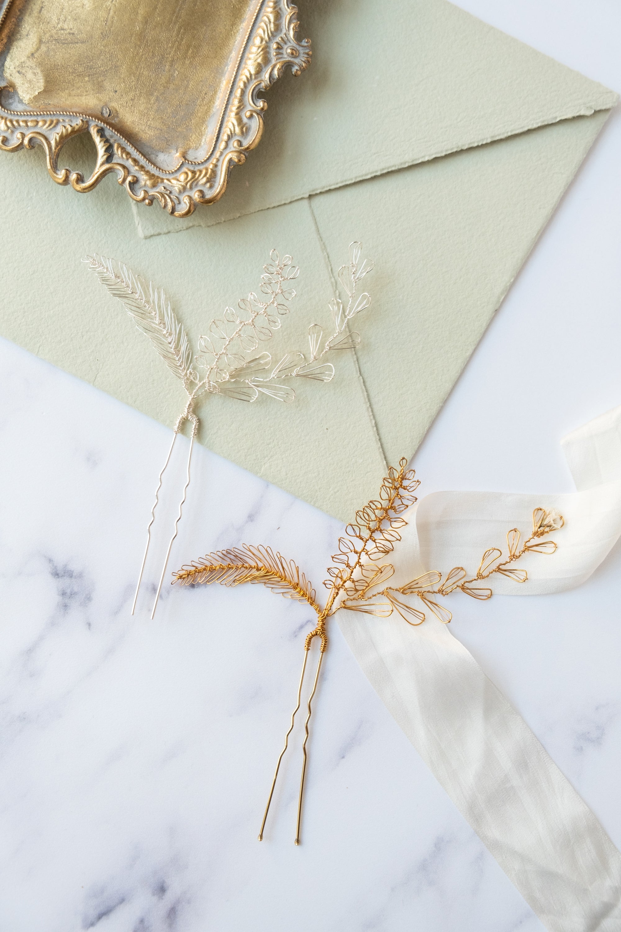 Eva hair pin in gold or silver wire by Judith Brown Bridal