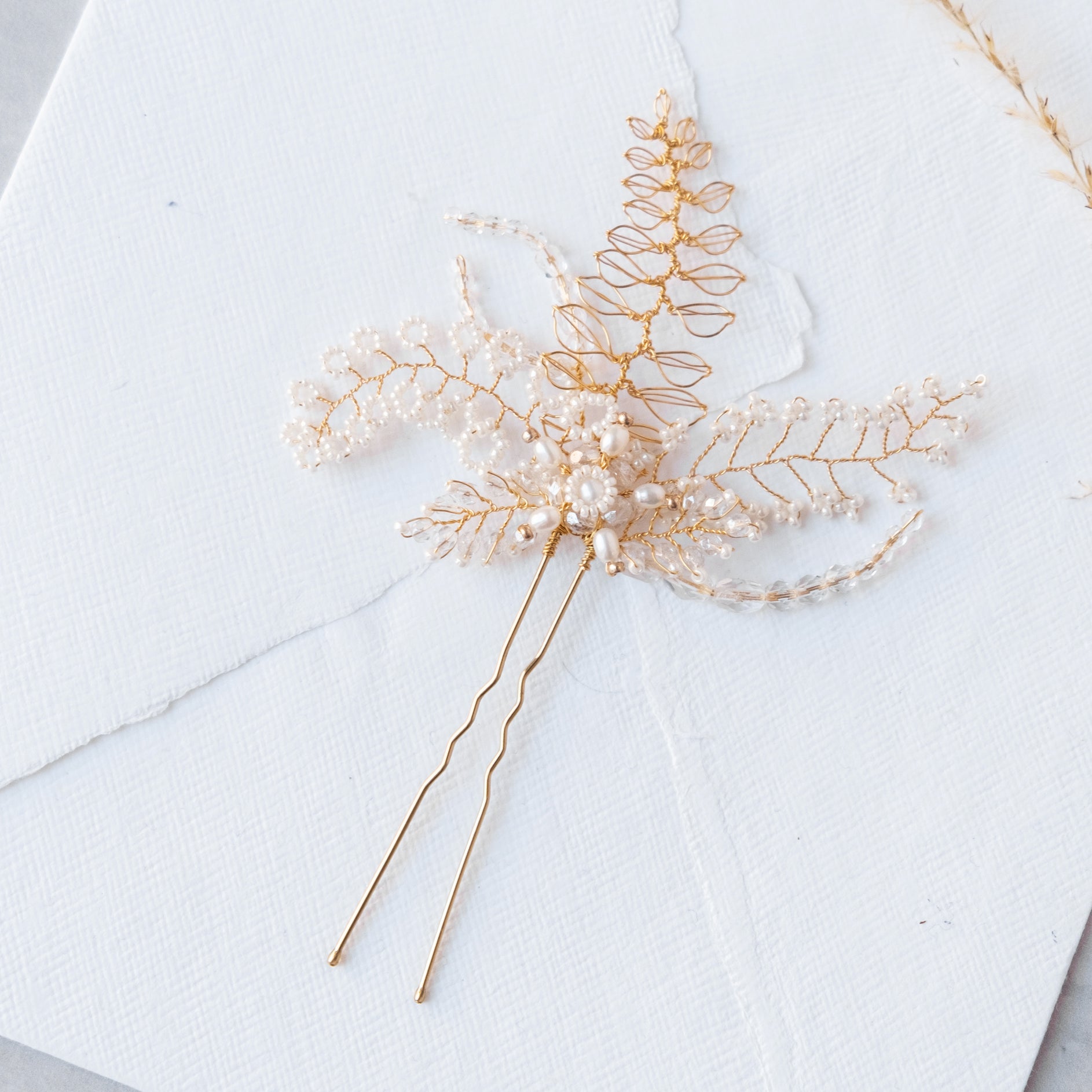 Gold wire and ivory bead wedding hair pin by Judith Brown Bridal