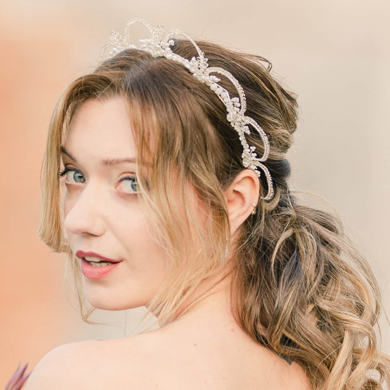 Silver wedding crown worn by a model Judith Brown Bridal