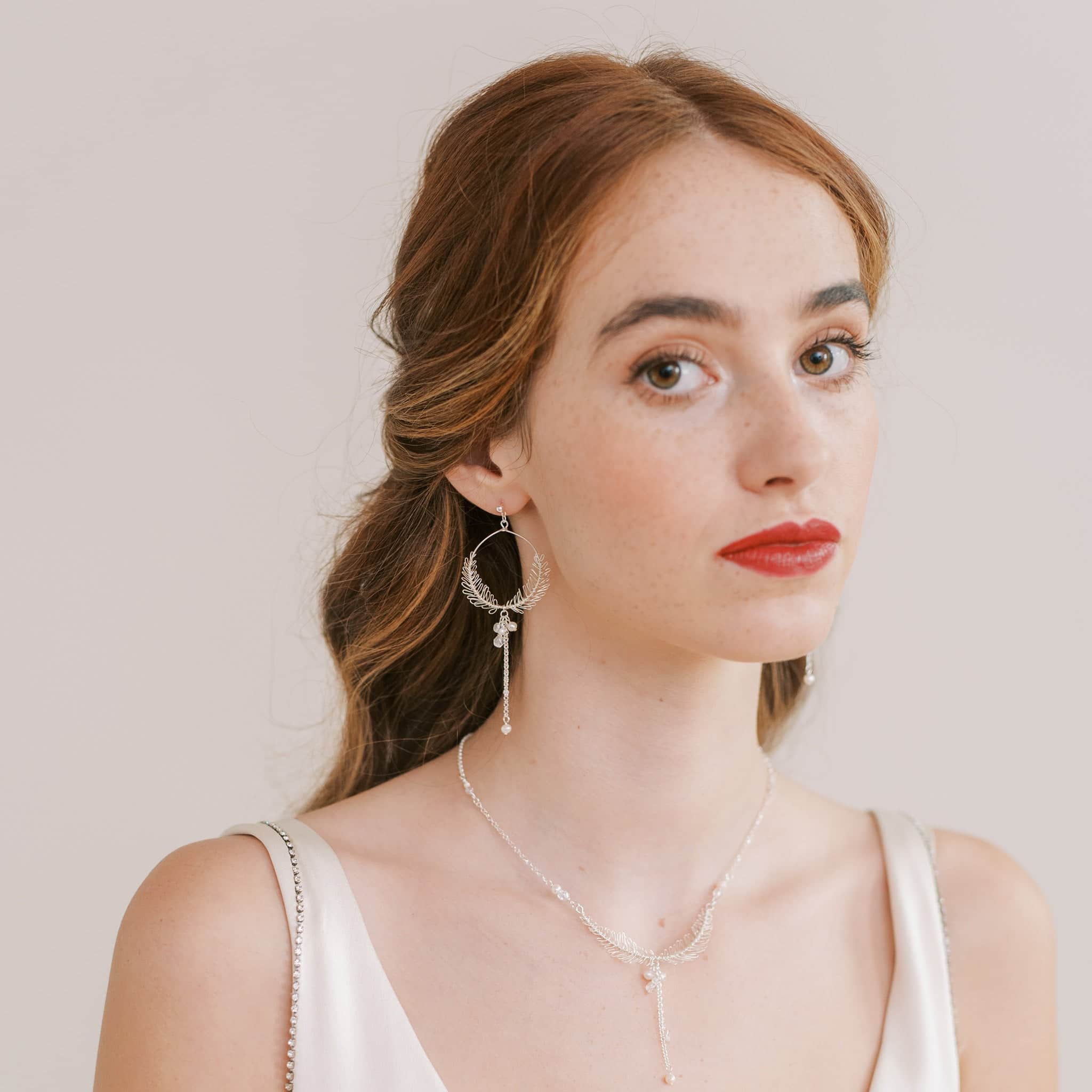 Silver drop wedding earrings with pearls and glass beads