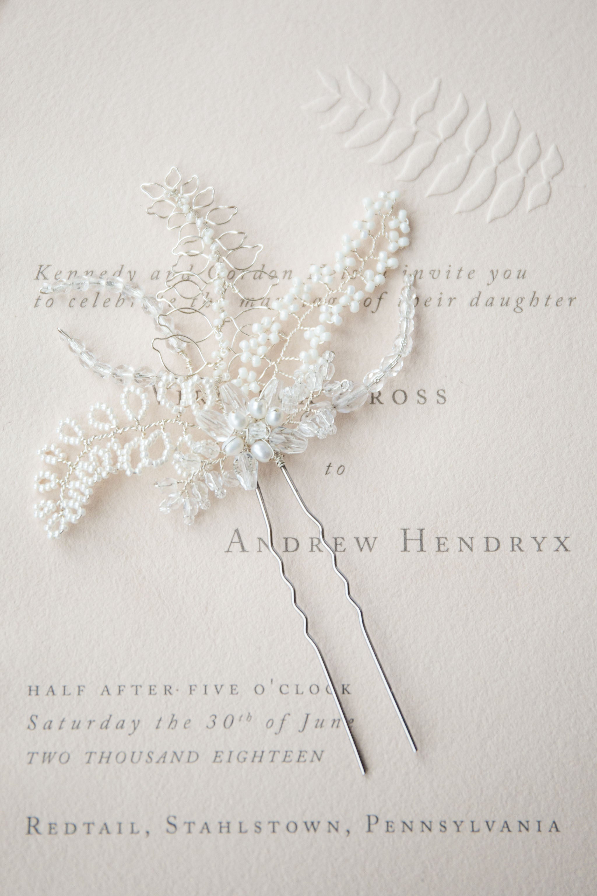 handmade Fiorenza bridal hair pin in silver and ivory with pearls by Judith Brown Bridal