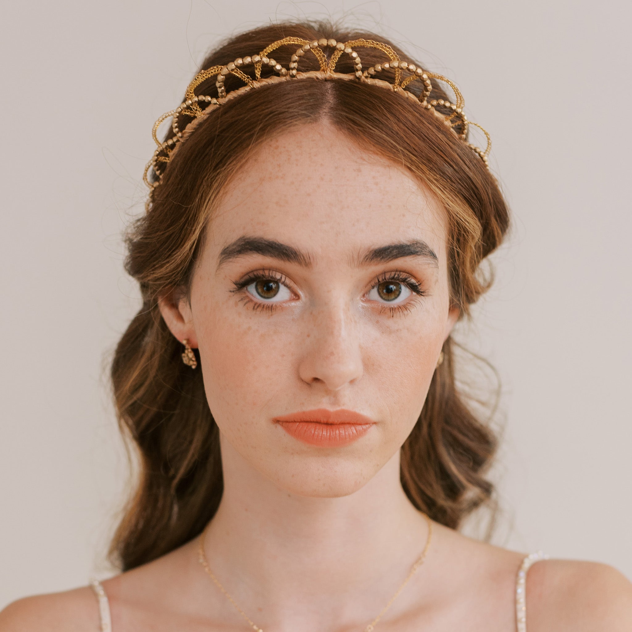Handmade golden wedding crown by Judith Brown Bridal