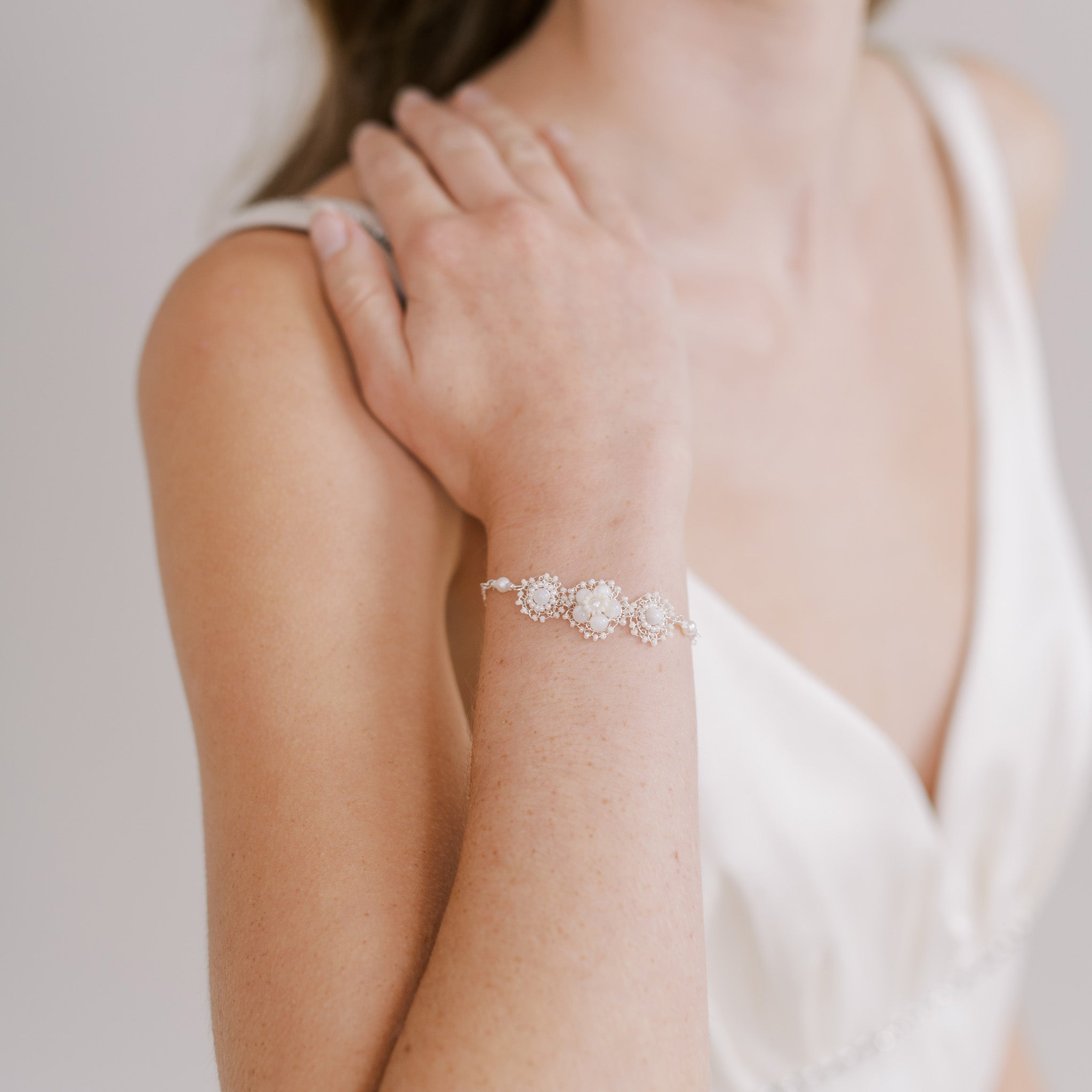 Mother of pearl handmade wedding bracelet by Judith Brown Bridal