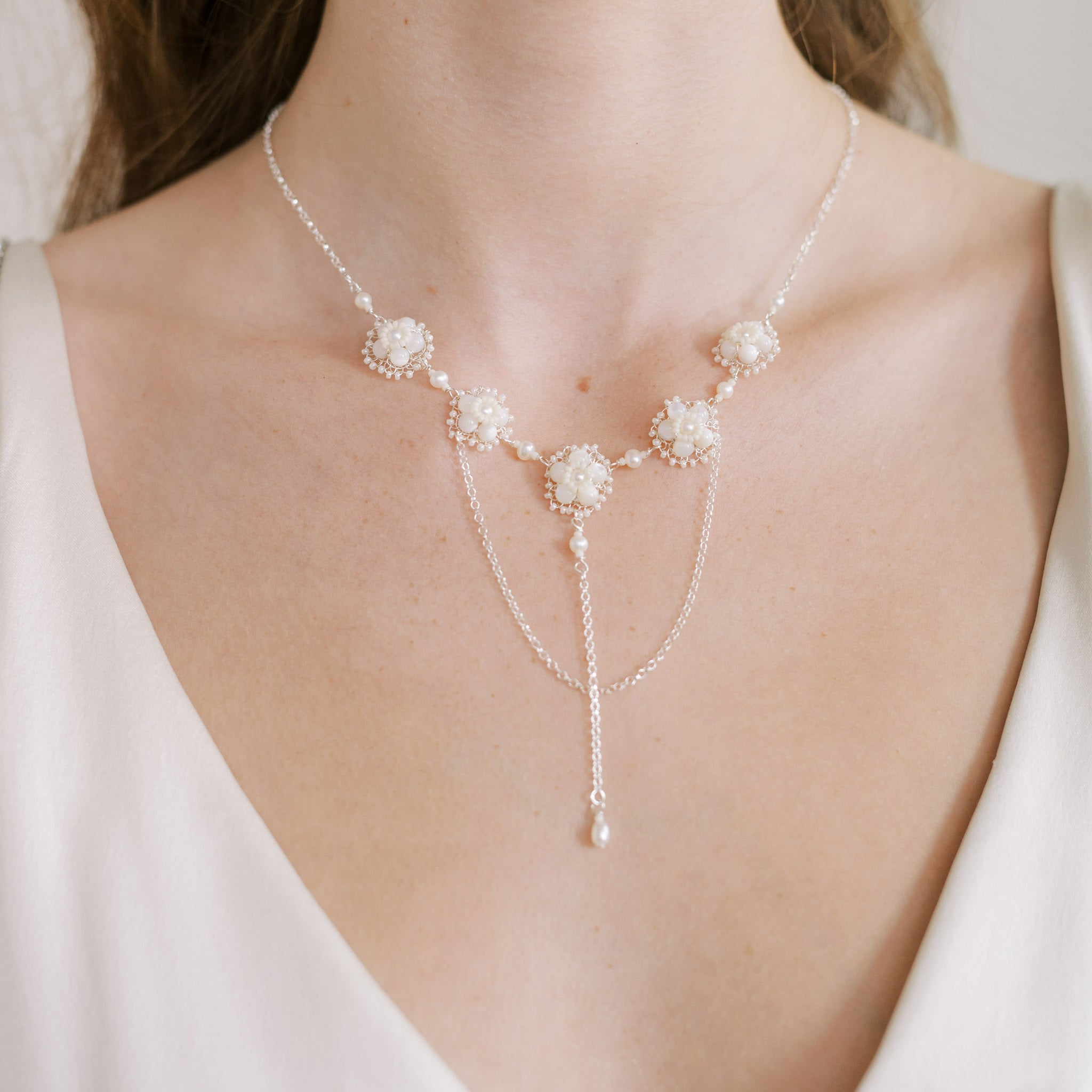 Handmade wedding necklace in silver with mother of pearl and freshwater pearl by Judith Brown Bridal