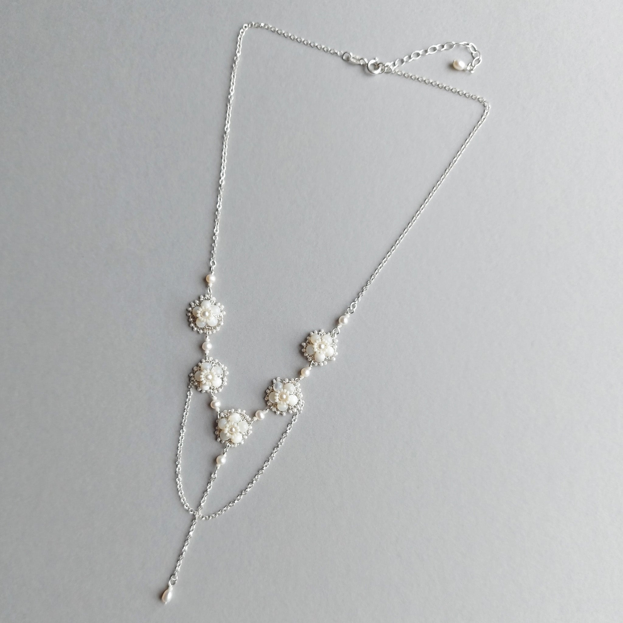 Handmade wedding necklace in silver with mother of pearl by Judith Brown Bridal