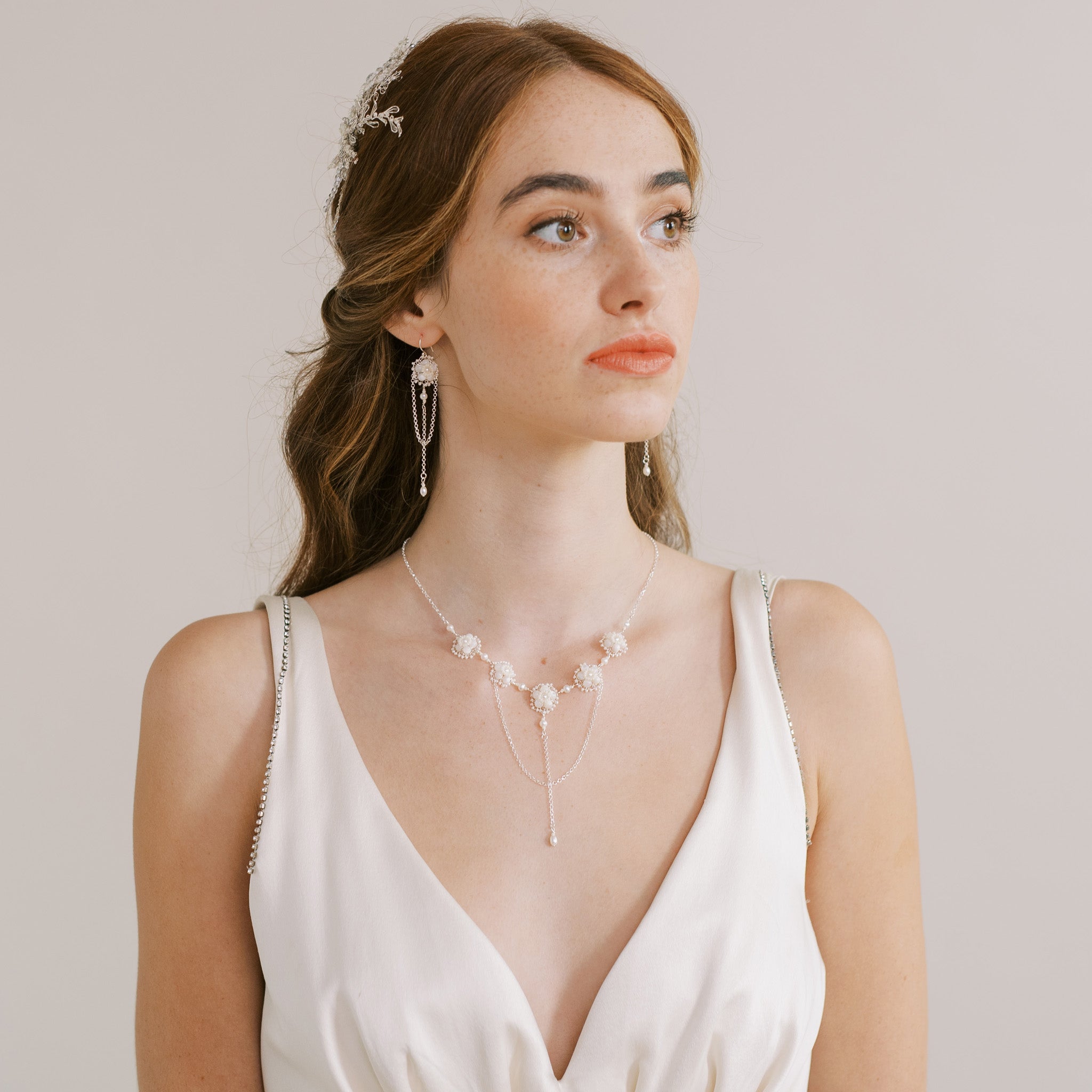 Ginevra necklace and earrings by Judith Brown Bridal, handmade in silver with pearls