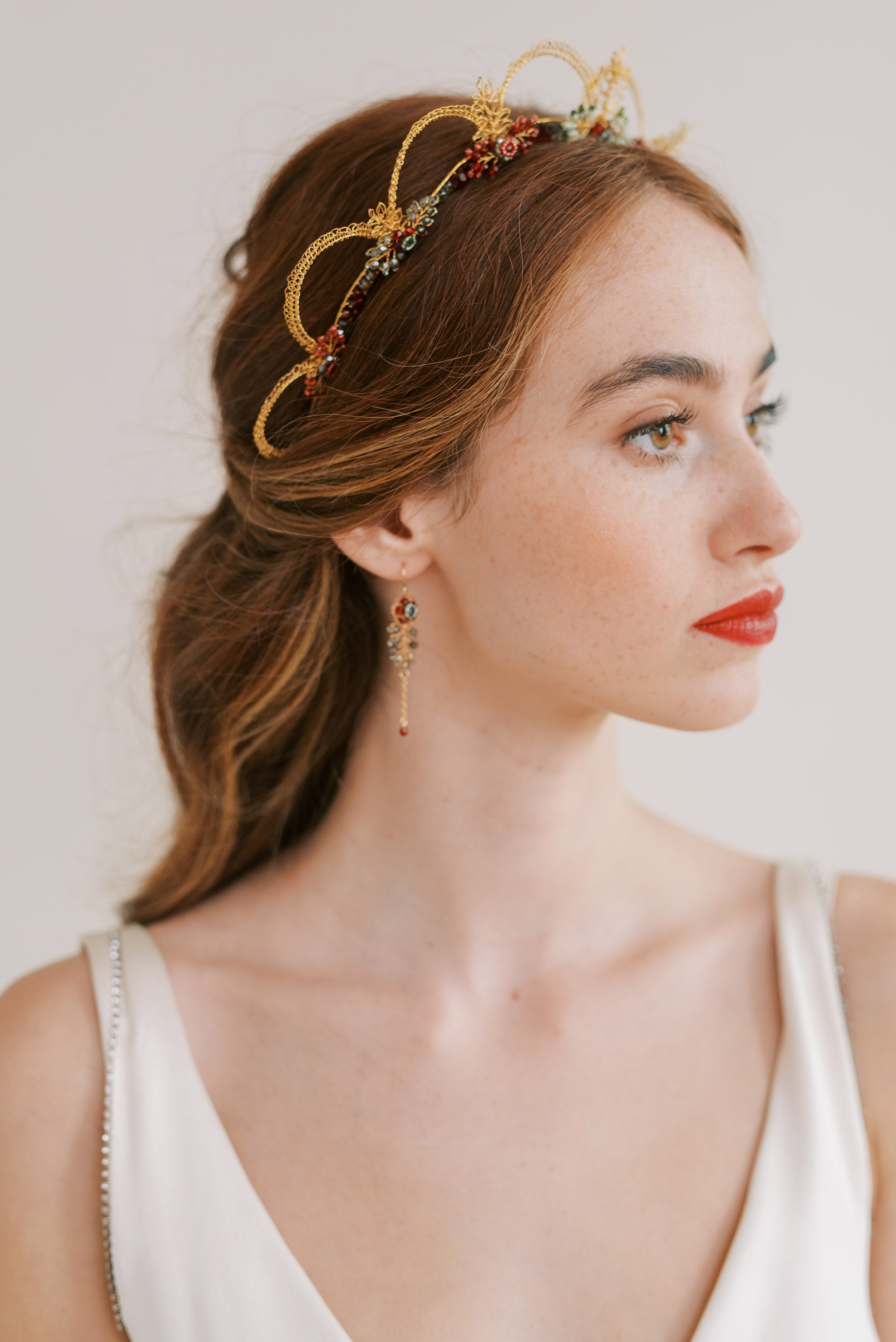 Side view of the Oriana statement wedding headpiece by Judith Brown Bridal