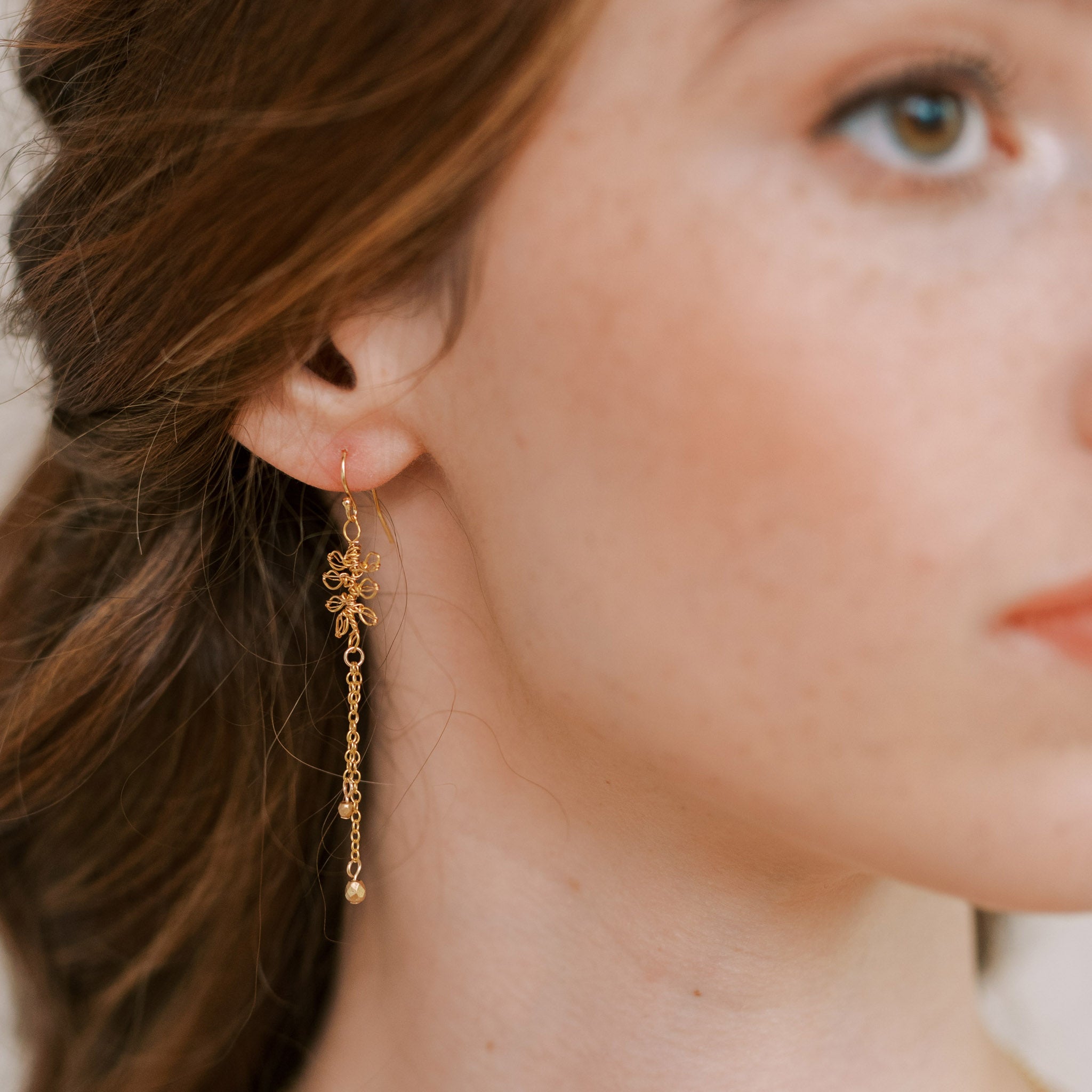 Delicate wire leaf drop earrings for brides and bridesmaids by Judith Brown Bridal