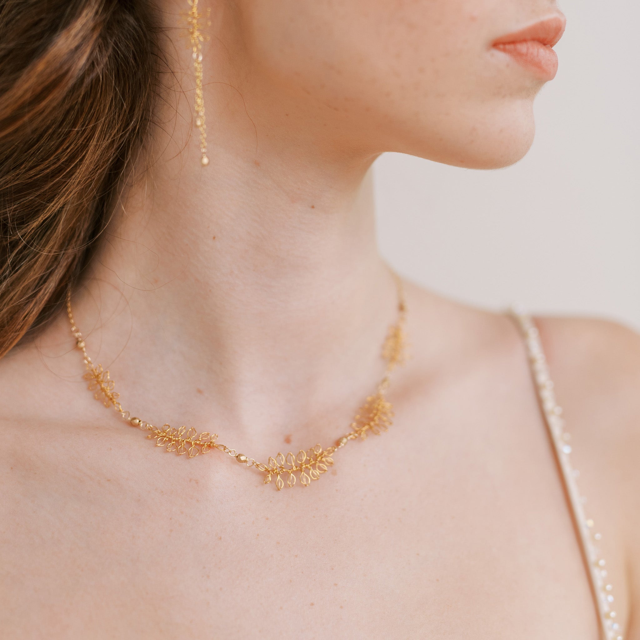 Nature inspired necklace with leaves for wedding by Judith Brown Bridal