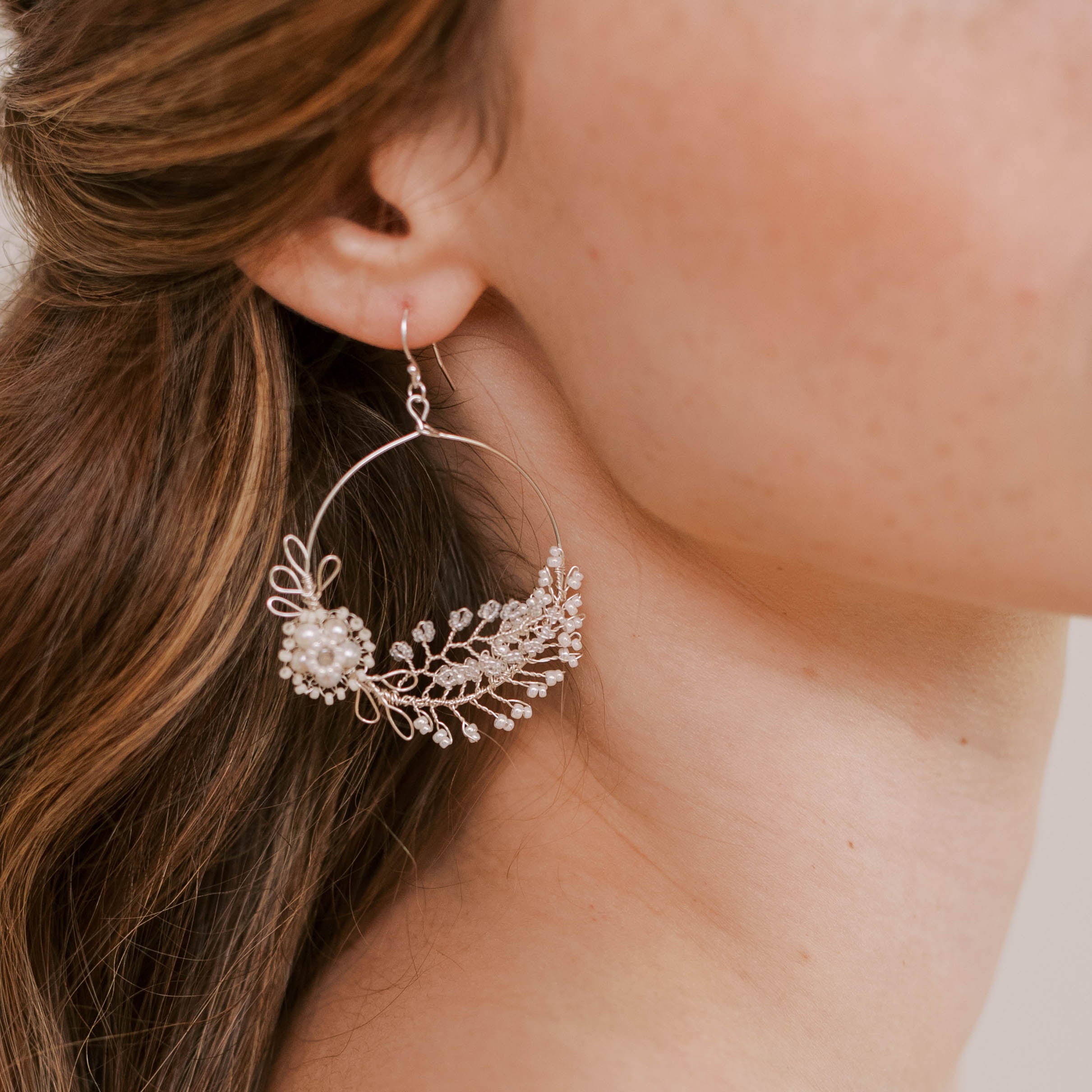 handmade silver statement wedding earrings with pearls and glass beads by Judith Brown Bridal