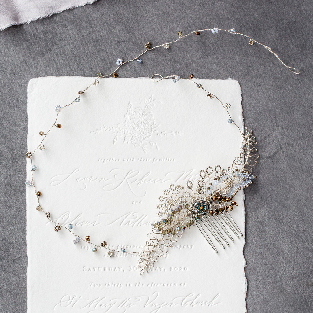 handmade wedding accessorie and jewellery by Judith Brown Bridal in silver, blue and bronze