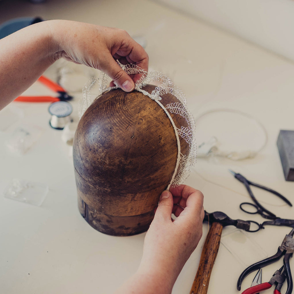 Judith Brown making handmade wedding accessories in her Staffordshire studio