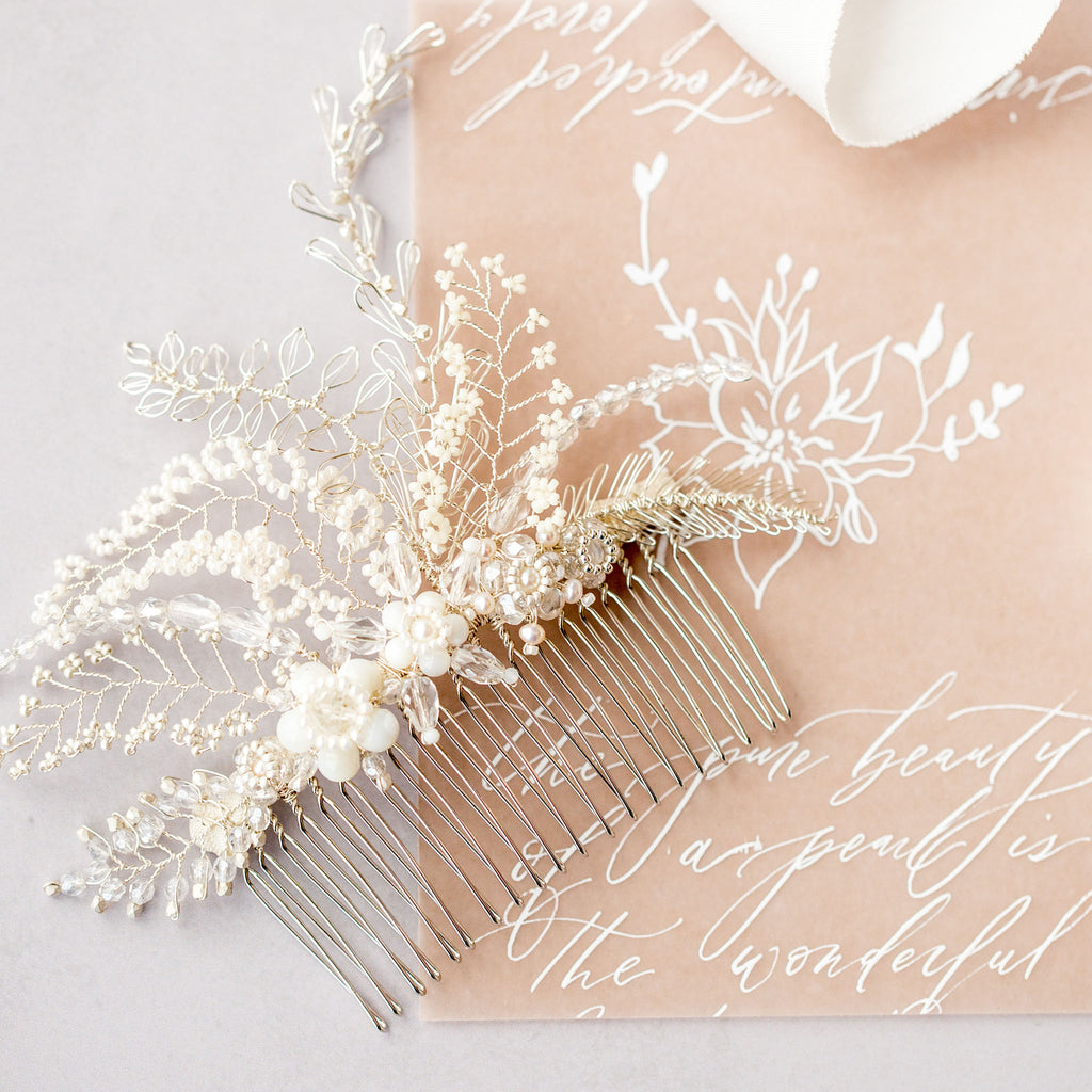 handmade wedding hair accessories by Judith Brown Bridal in Staffordshire. Nature inspired hair comb in silver and ivory