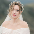 Silver wedding crown worn by a model Judith Brown Bridal