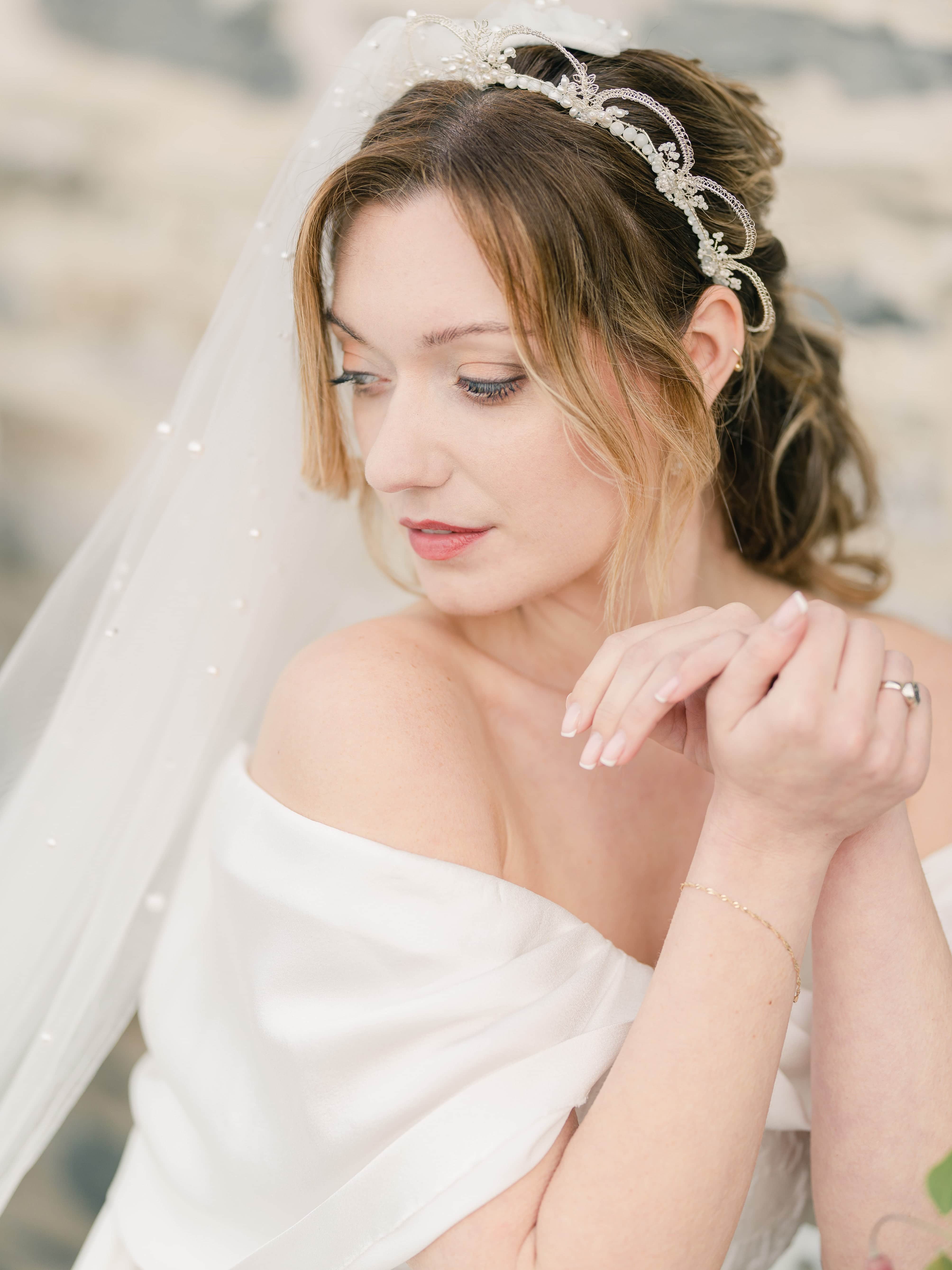 Silver wedding crown worn by a model Judith Brown Bridal