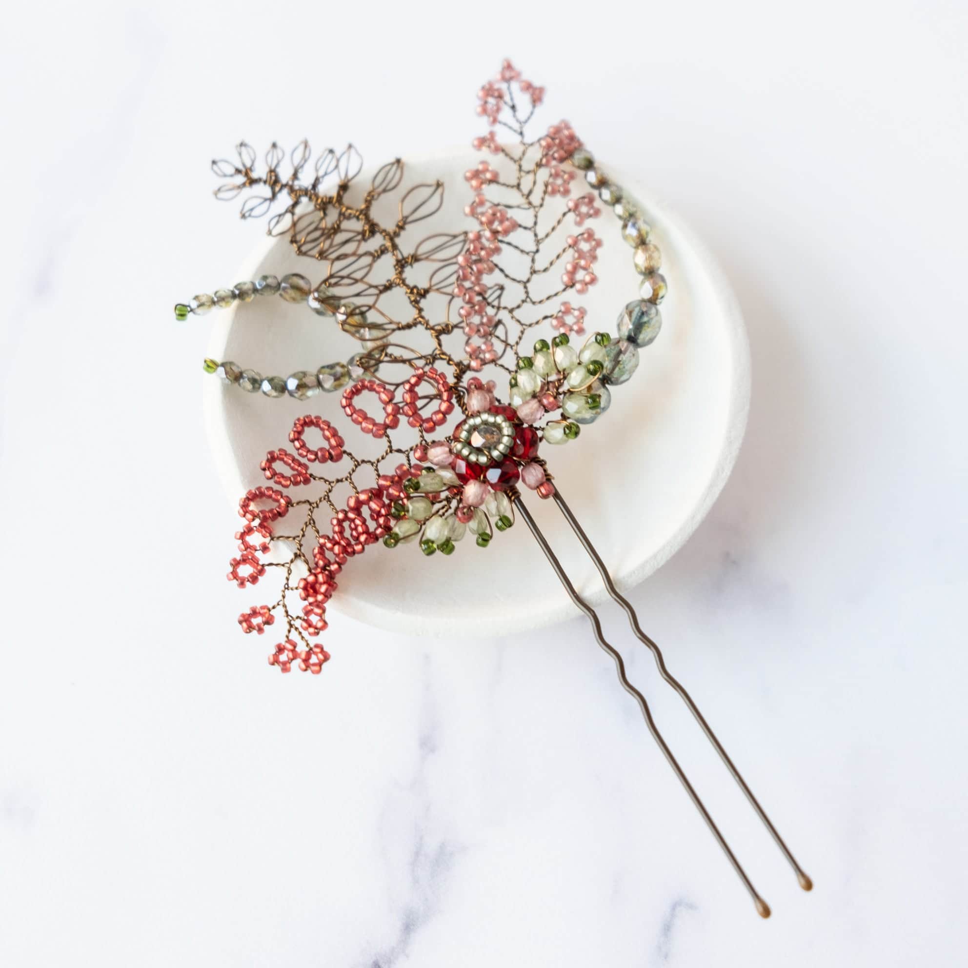 Fiorenza hair pin in reds and greens - Judith Brown Bridal