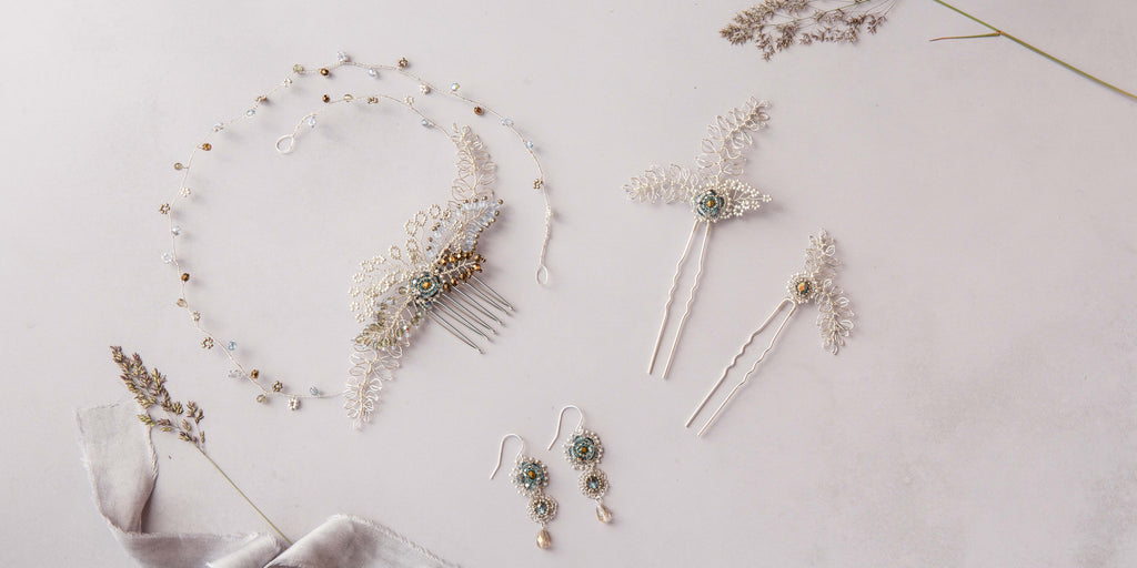 handmade wedding accessorie and jewellery by Judith Brown Bridal in silver, blue and bronze