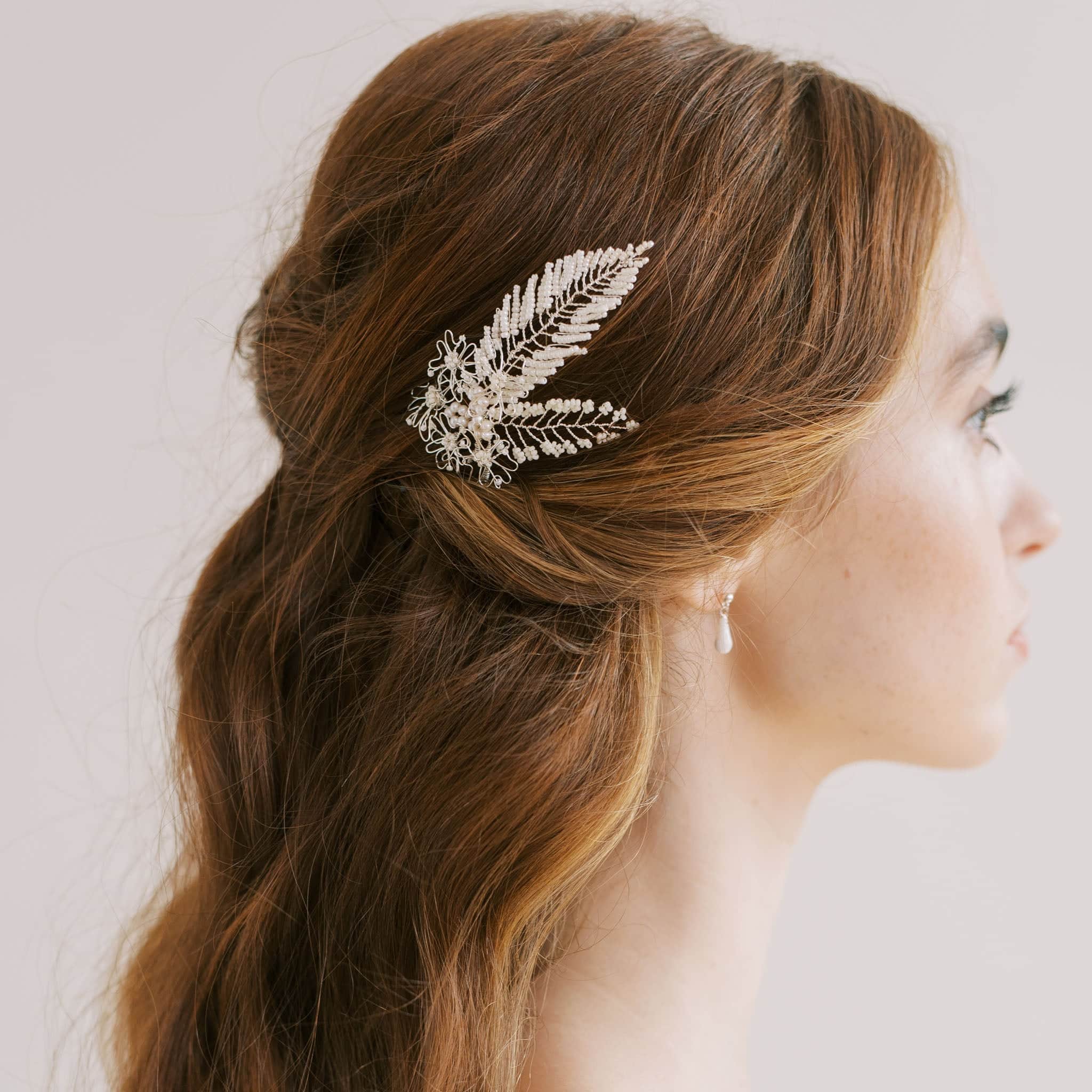 nature inspired leaf and flower silver wedding hair pin by Judith Brown Bridal