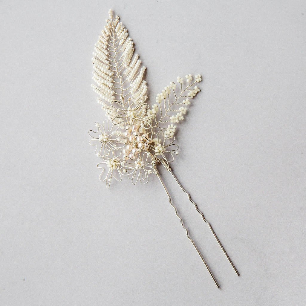 Bridal hair pin in silver and ivory with leaves and pearls by Judith Brown Bridal