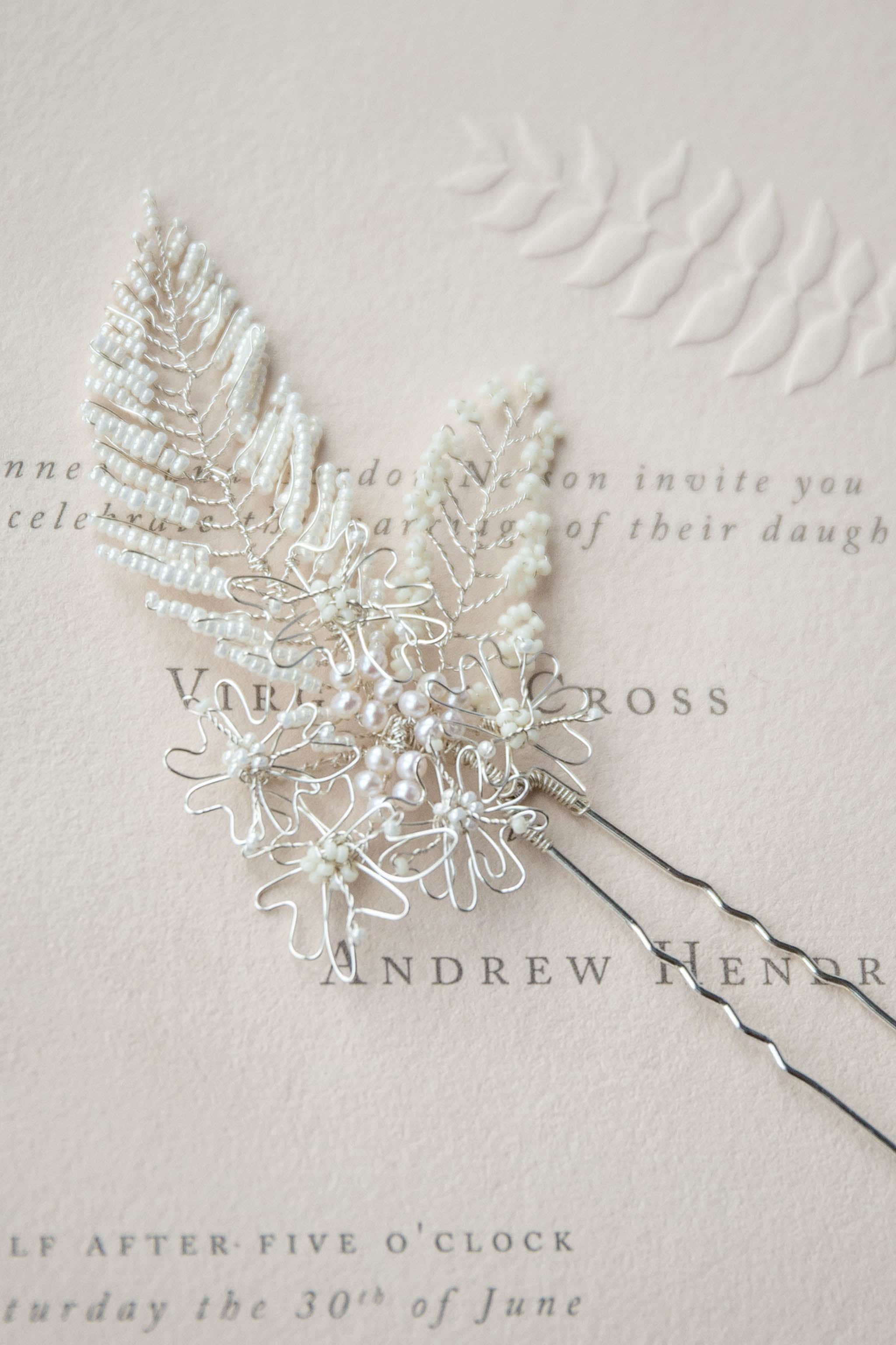 Leaf wedding hairpin by Judith Brown Bridal in silver and ivory