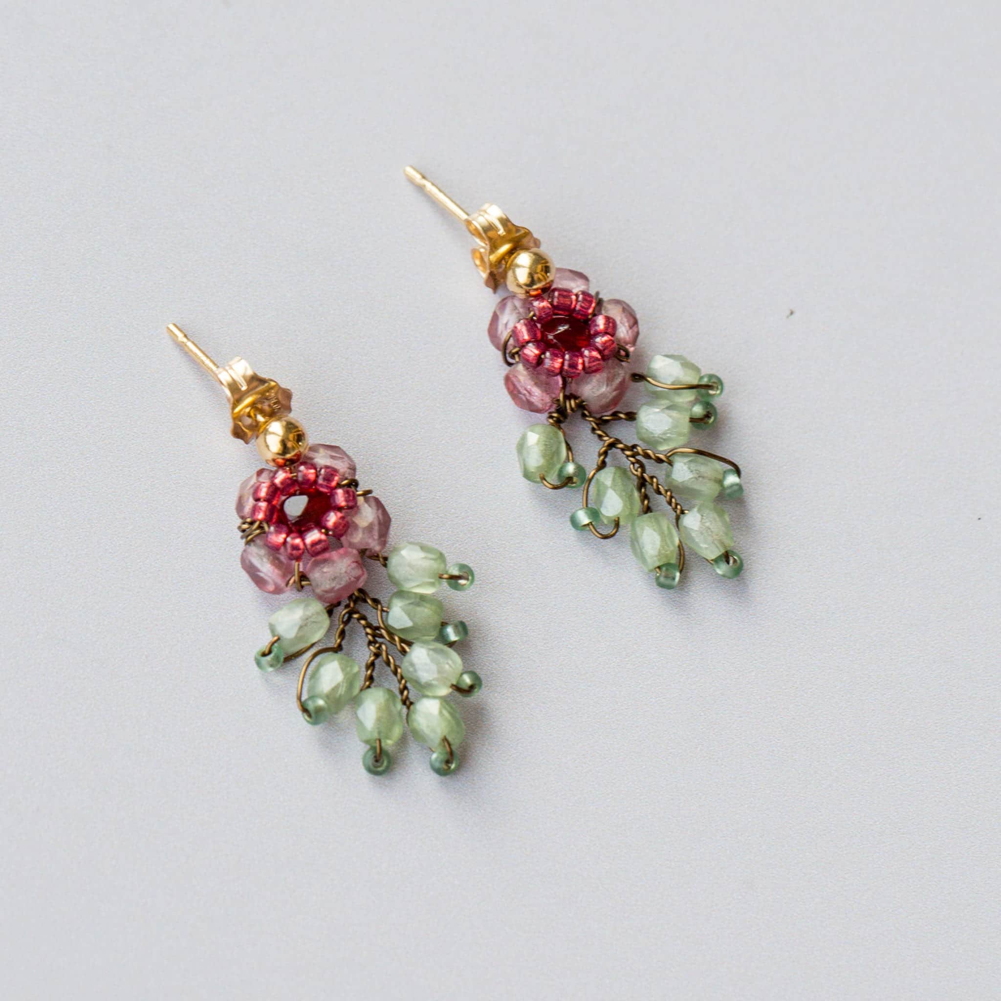 Small handmade beaded leaf earrings by Judith Brown Bridal