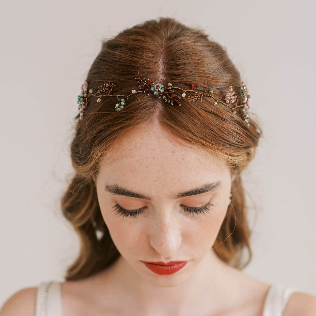 Deliacte hairvine with leaves and beaded flowers by Judith Brown Bridal