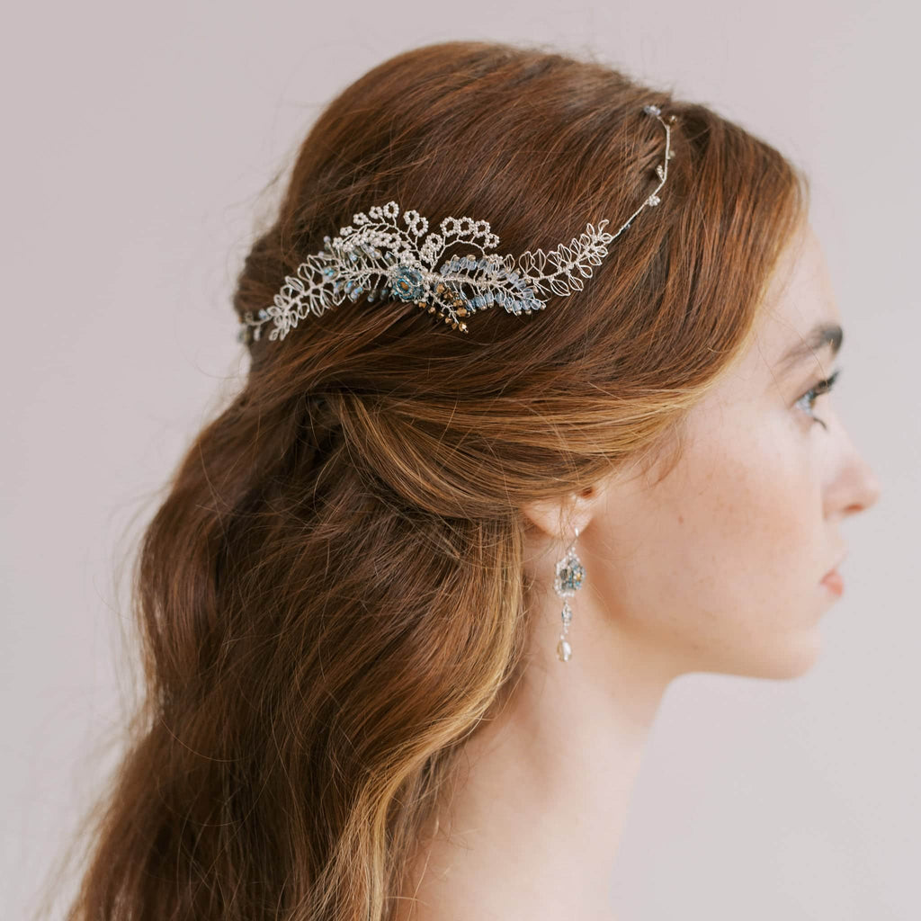Handmade hair vine in silver and blue by Judith Brown Bridal