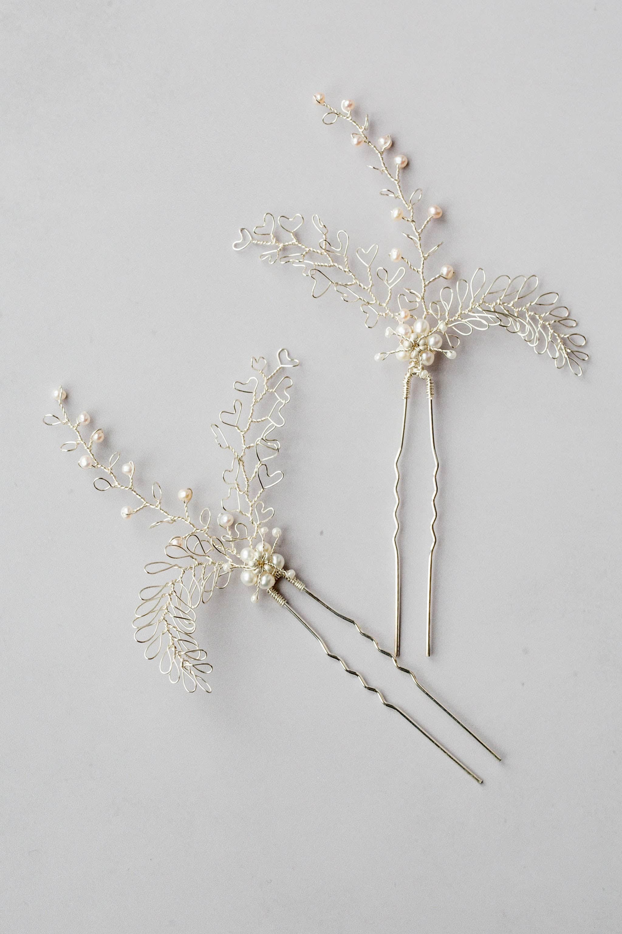 Silver and pearl wedding hair pins by Judith Brown Bridal