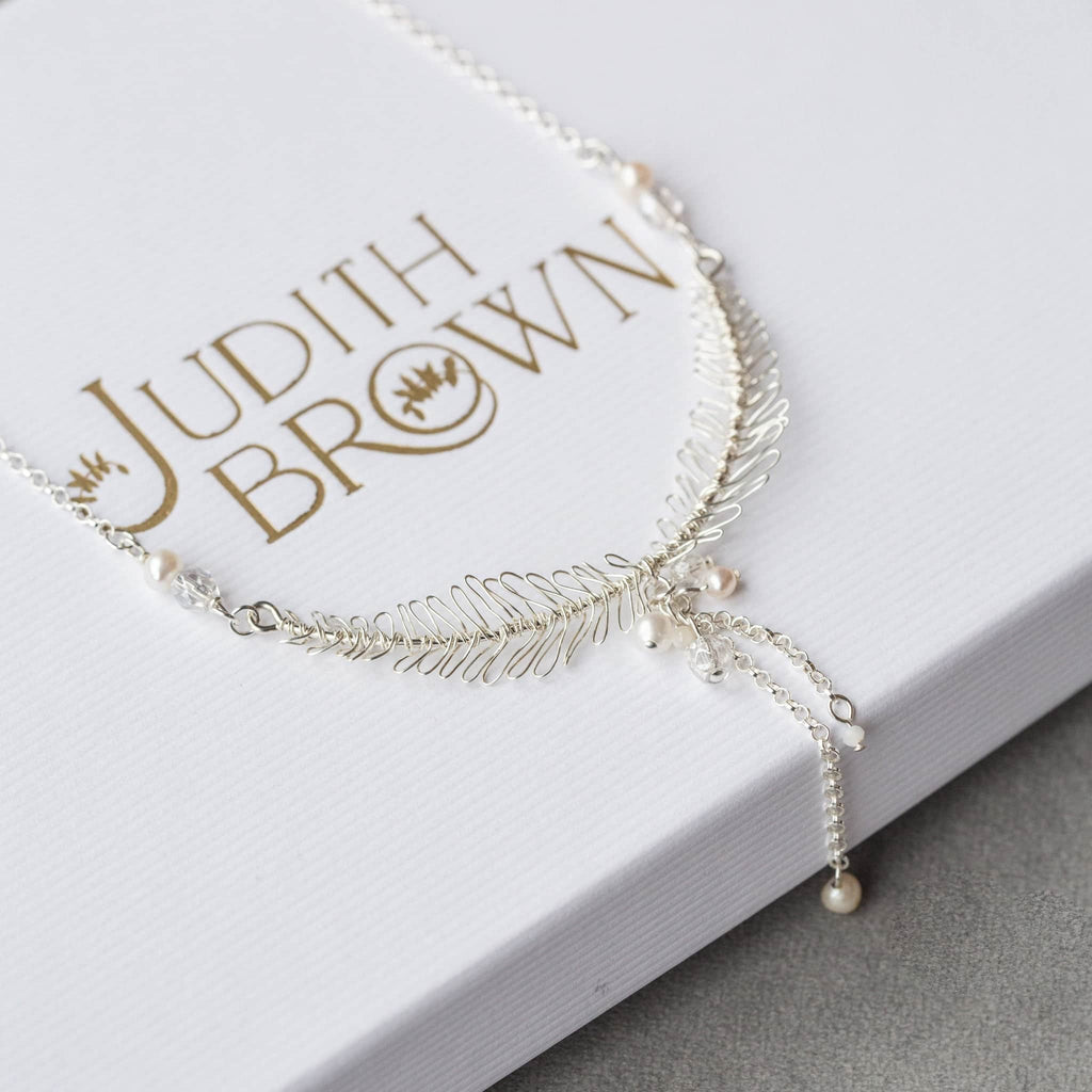 handmade silver wedding necklace with pearls by Judith Brtown Bridal