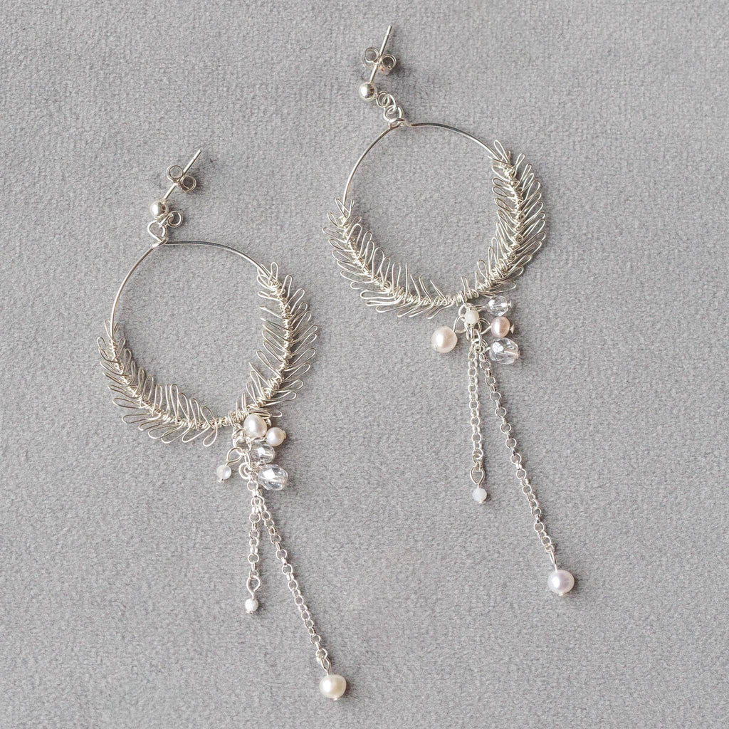 Silver drop earrings with freshwater pearls and glass beads by Judith Brown Bridal