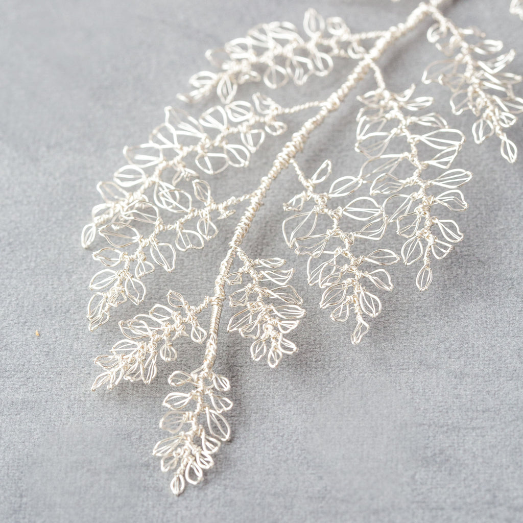 Detail of the silver leaves on the Ornella hairvine by Judith Brown Bridal