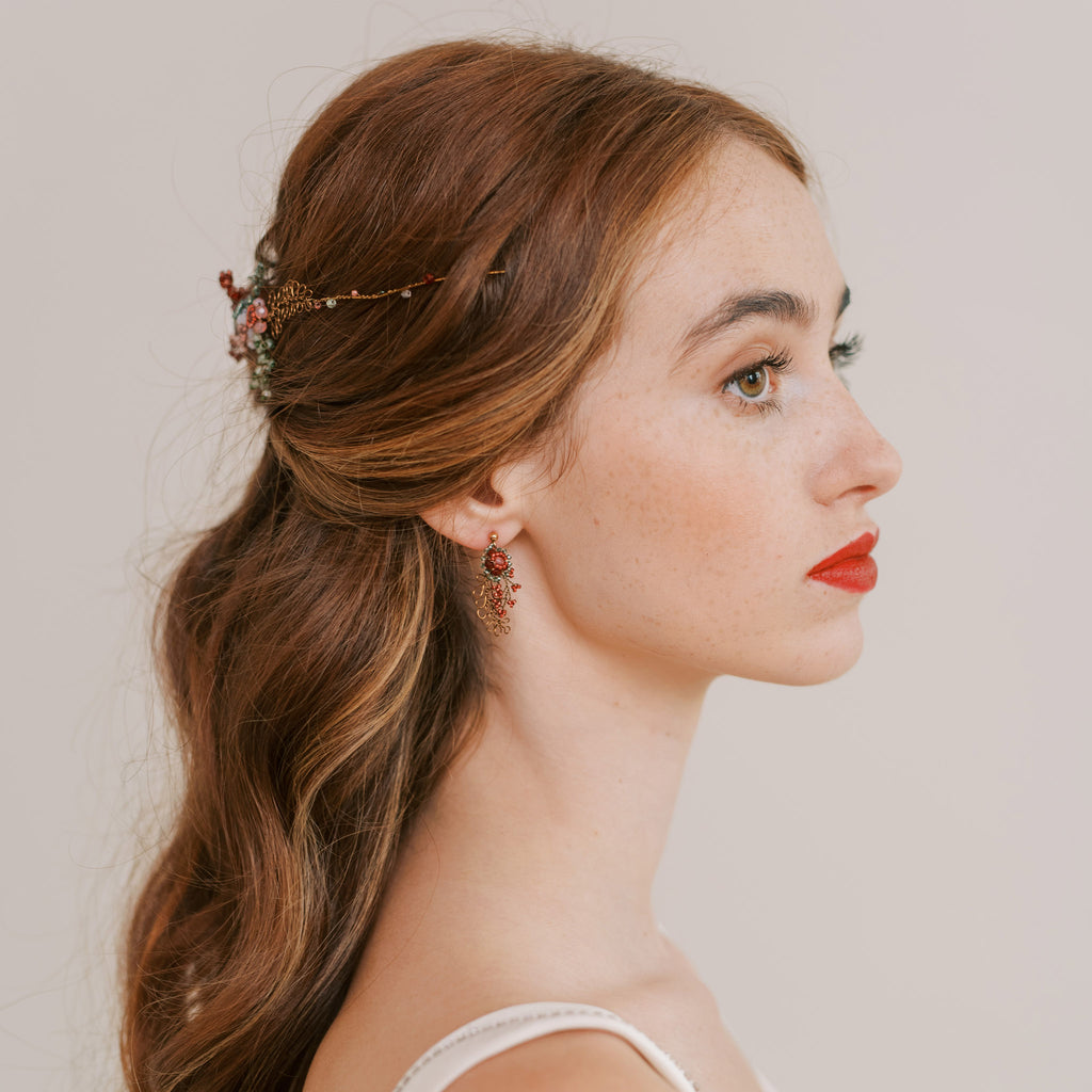 Edera earrings with beaded flower and wire leaves by Judith Brown Bridal