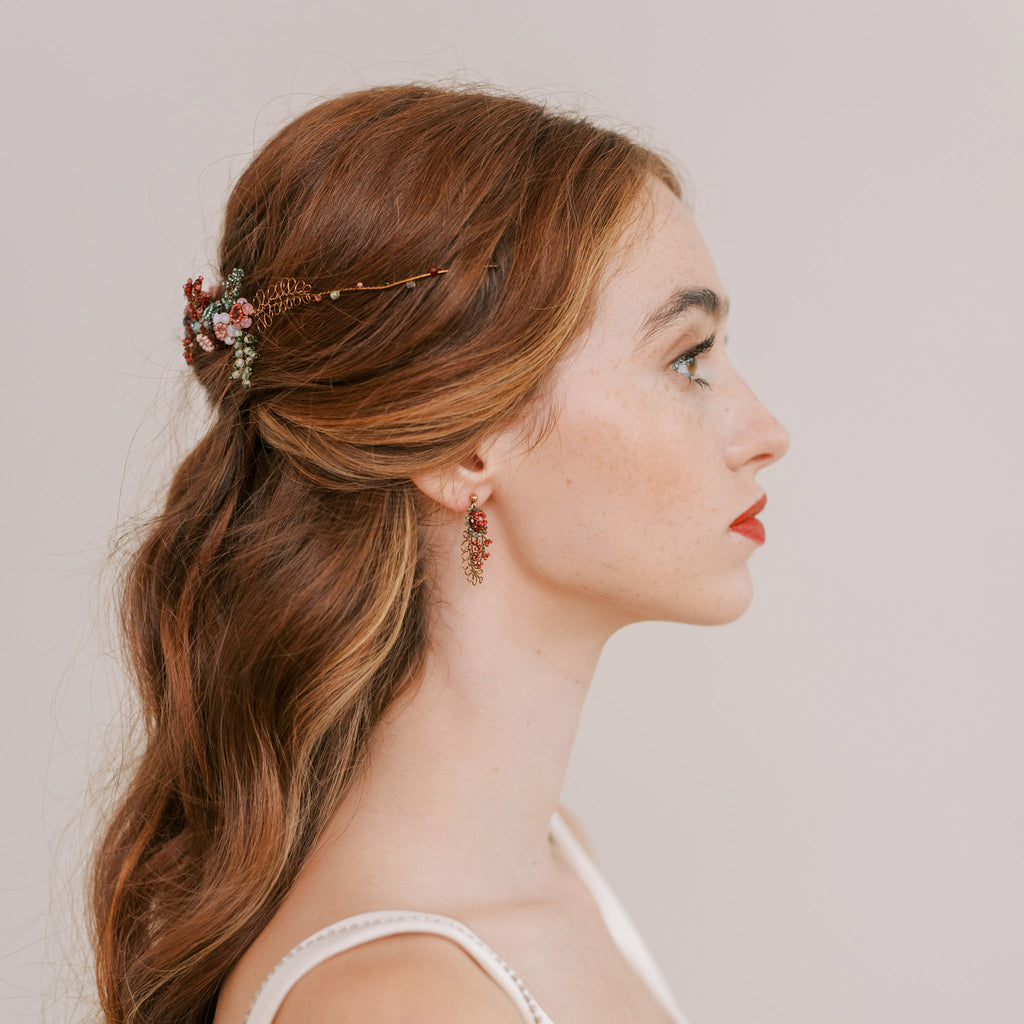 Nature inspired wedding headband with leaves and beaded flowers by Judith Brown Bridal