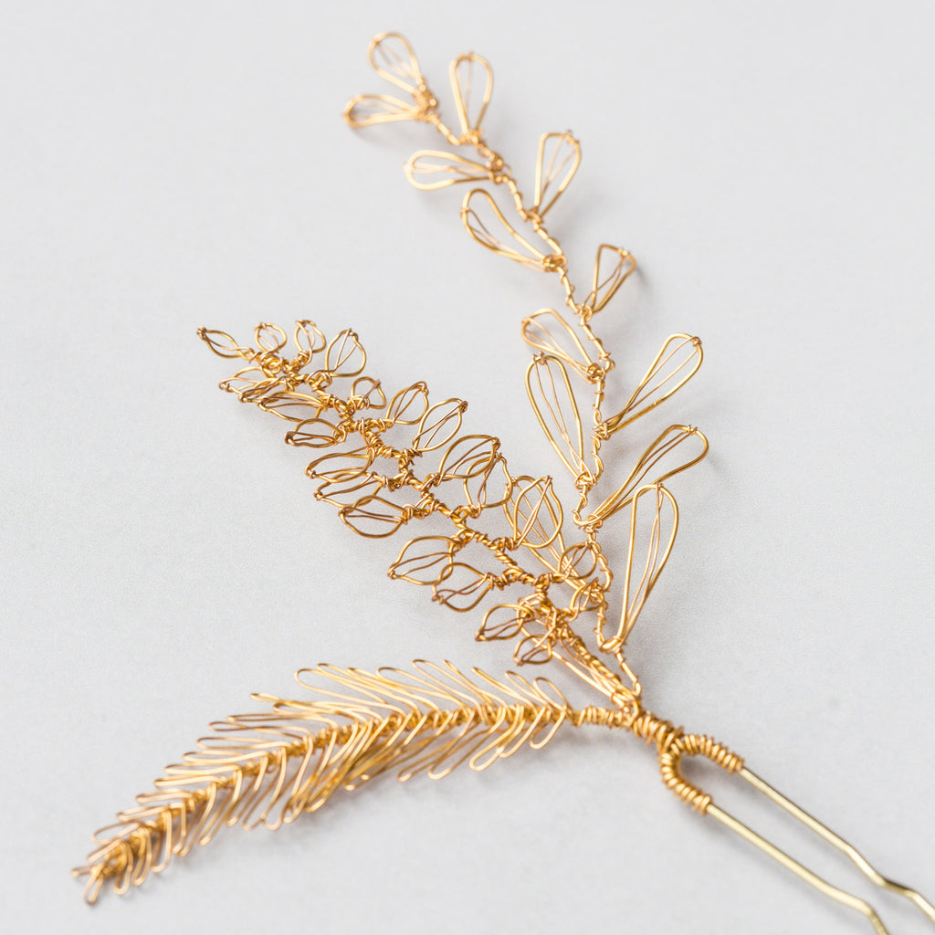 Close up of the handmade wire leaves on Eva hair pin by Judith Brown Bridal