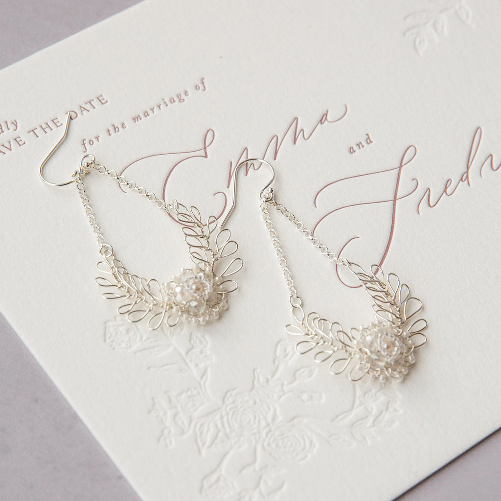Silver wedding earrings with pearls and beads by Judith Brown Bridal