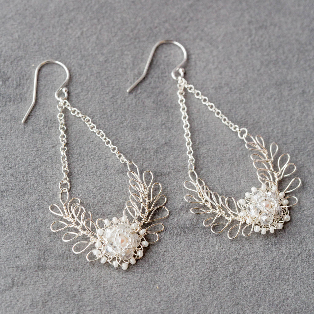 Handmade nature inspired leaf and pearl earrings by Judith Brown Bridal