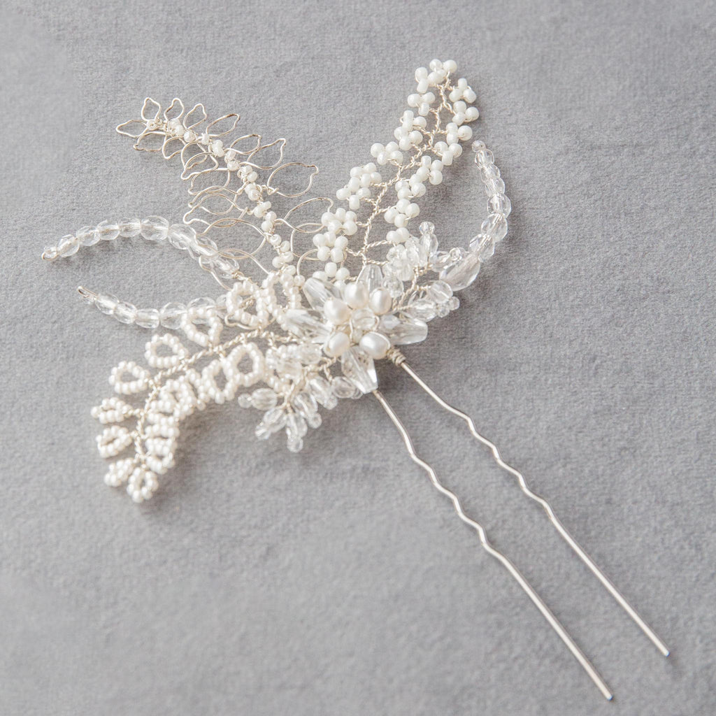silver and ivory handmade wedding hair pin by Judith Brown Bridal