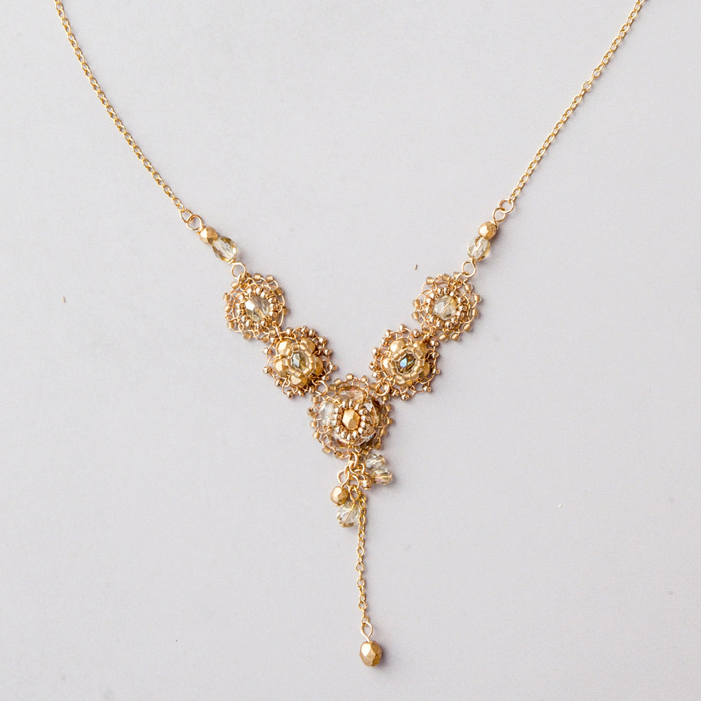 Delicate beaded and handstitched wire wedding necklace by Judith Brown Bridal