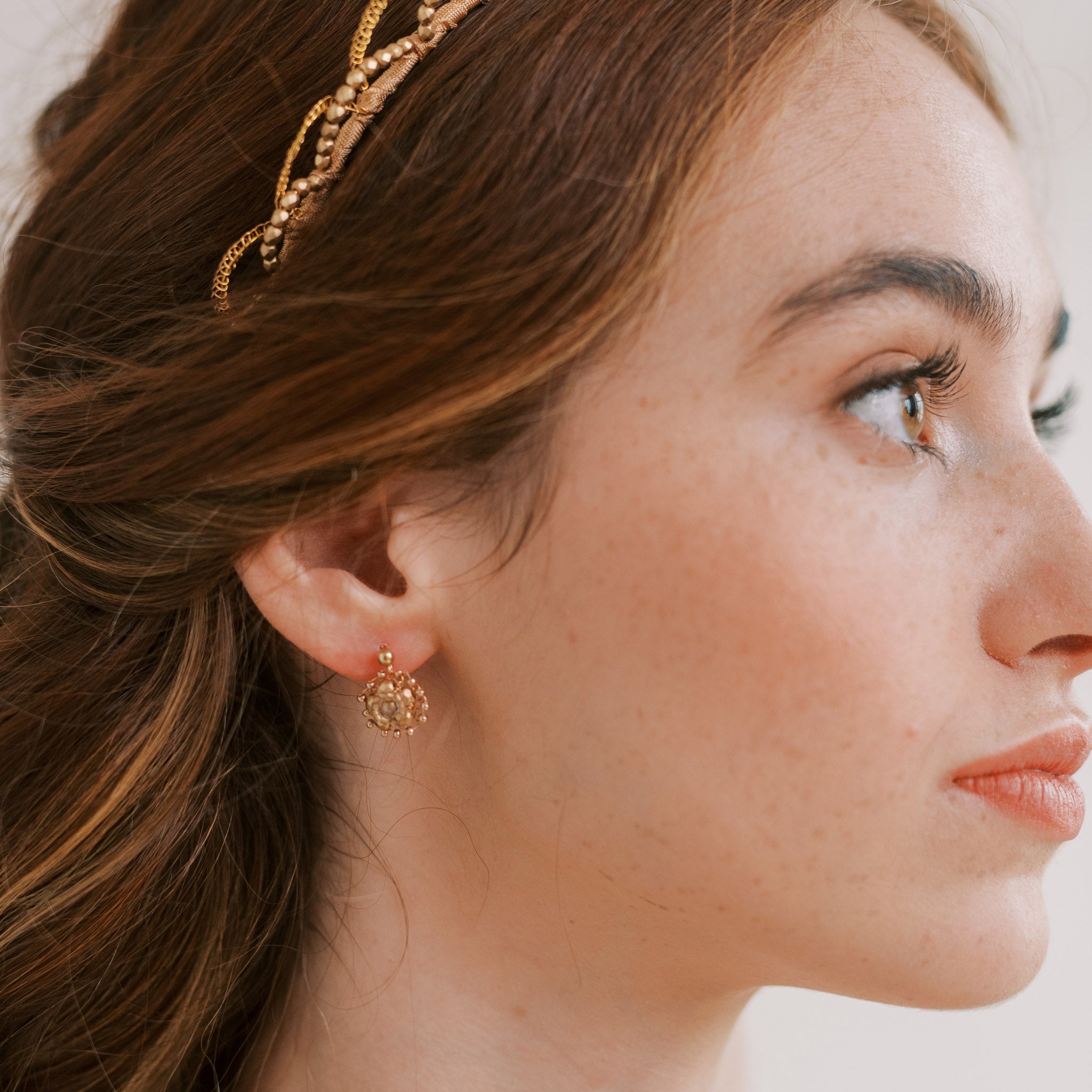 Petite beaded Fiori earrings in gold by Judith Brown Bridal