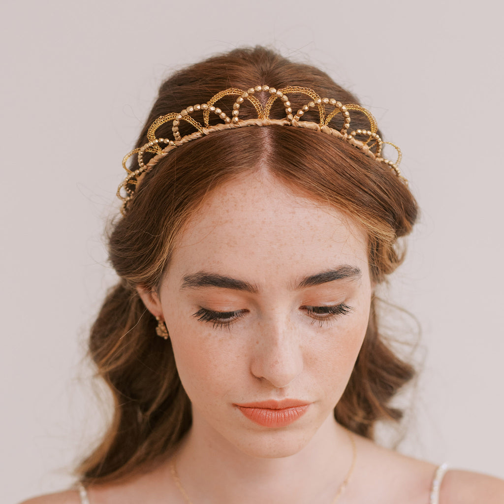 Flavia bridal wedding crown with gold wire embellishment and glass beads by Judith Brown Bridal