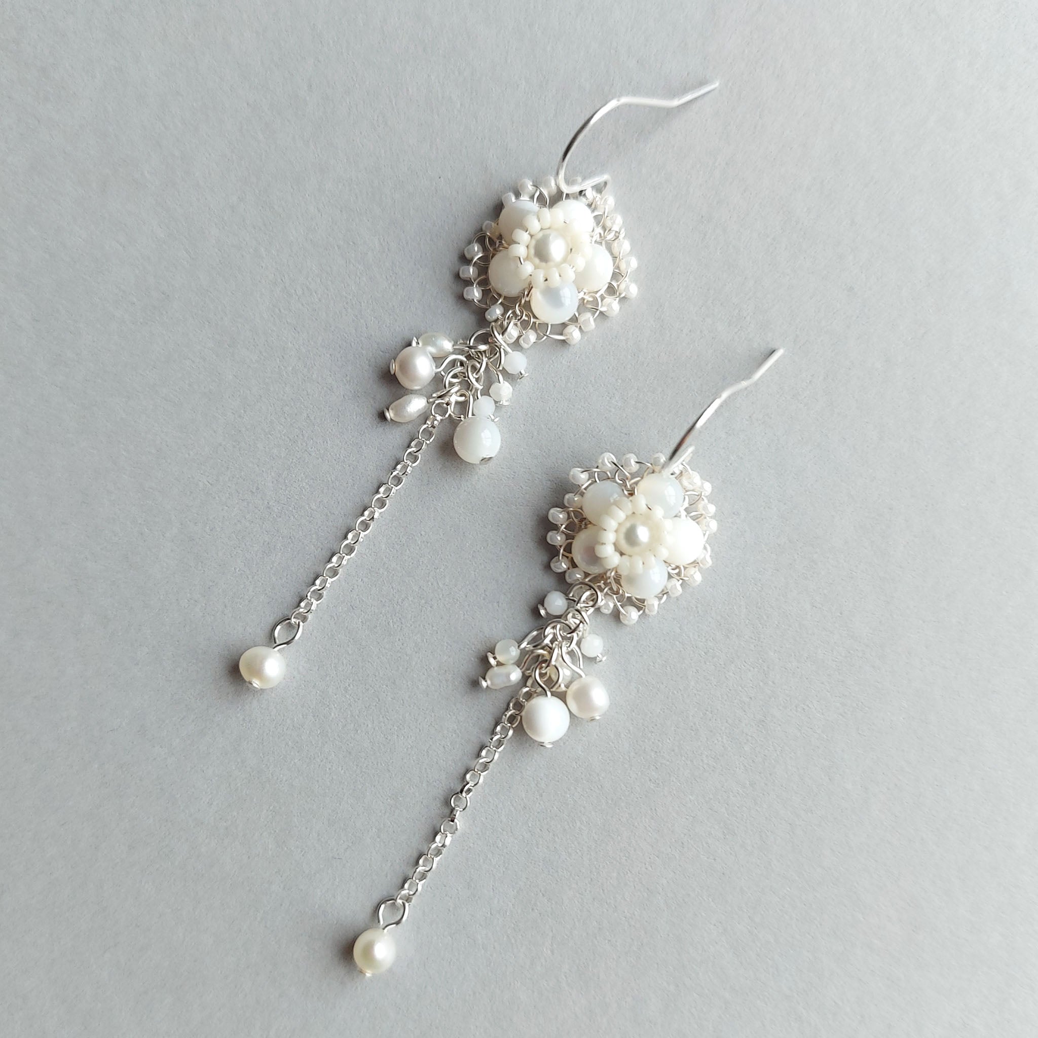 Mother of pearl, freshwater pearl and silver wedding earrings by Judith Brown Bridal