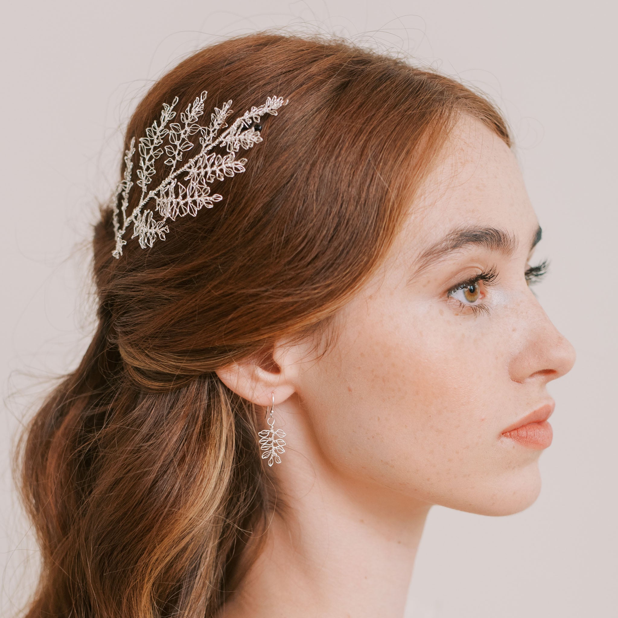 Ornella silver wire wedding headpiece with tiny leaves by Judith Brown Bridal