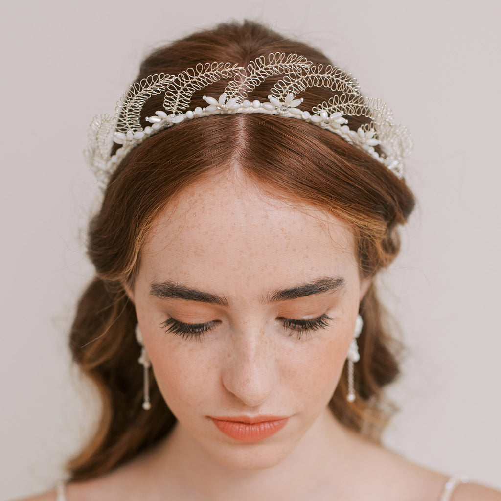 silver wedding crown with mother of pearl by Judith Brown
