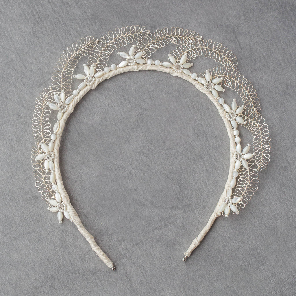 Wedding headpiece in silver with mother of pearl by Judith Brown