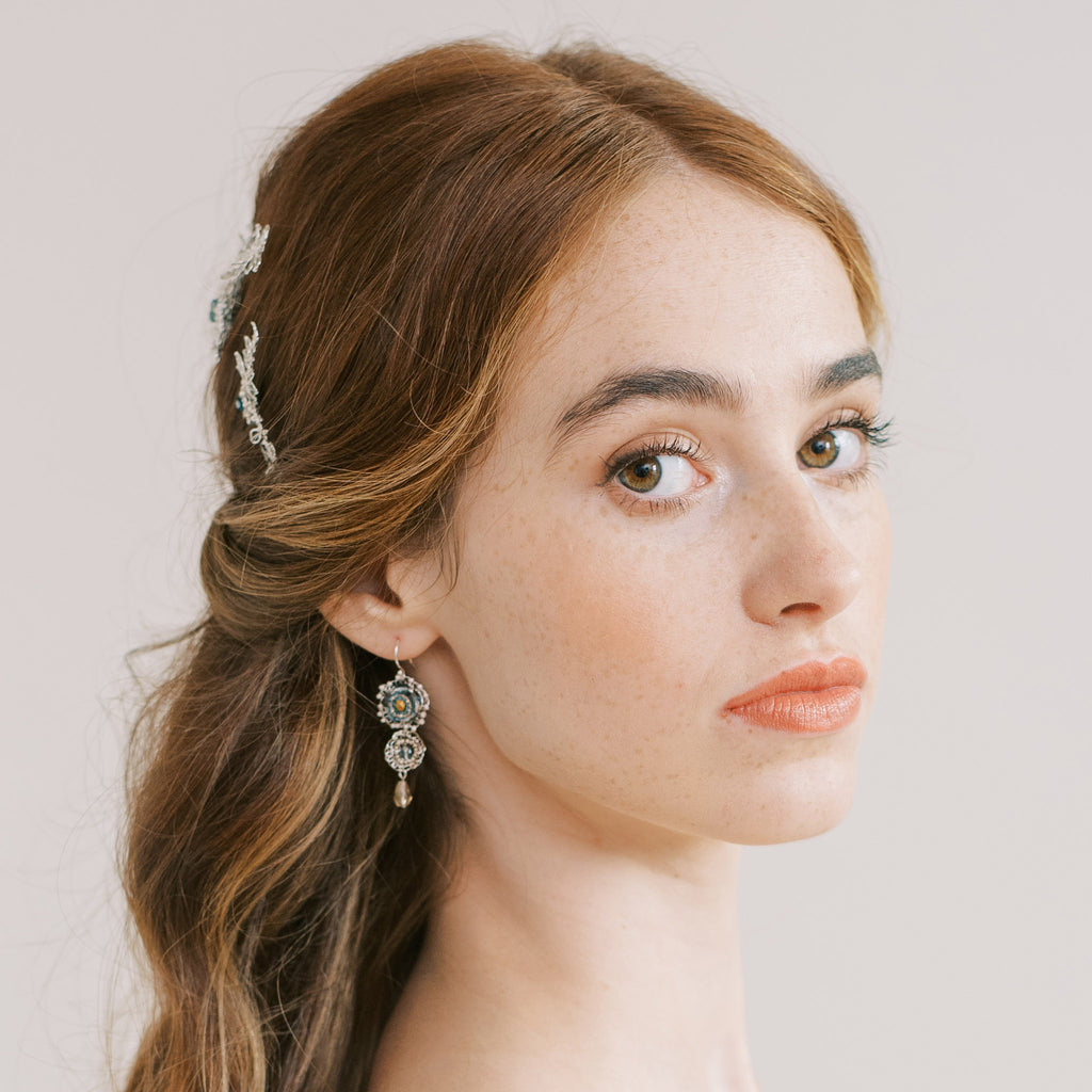 Silver and blue wedding earrings by Judith Brown Bridal