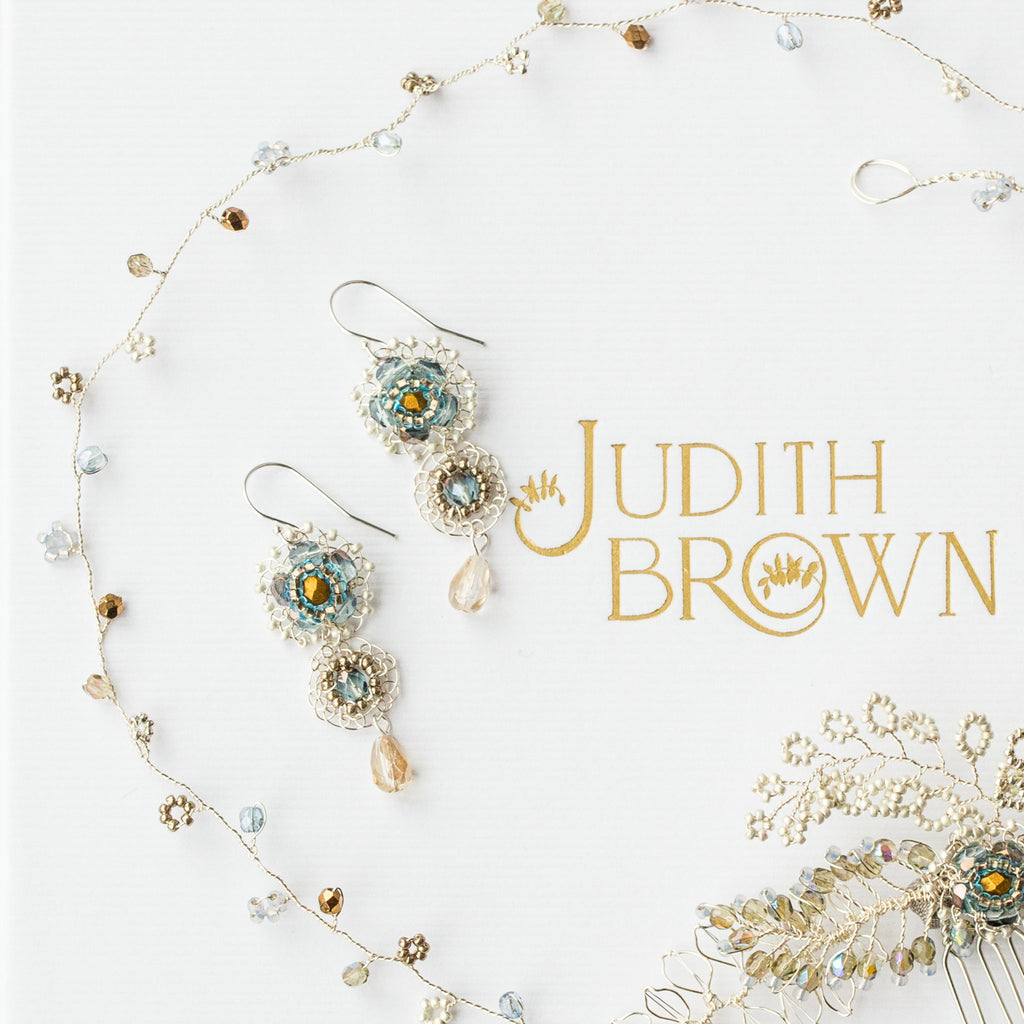 Handmade bridal earrings in silver and blue by Judith Brown Bridal