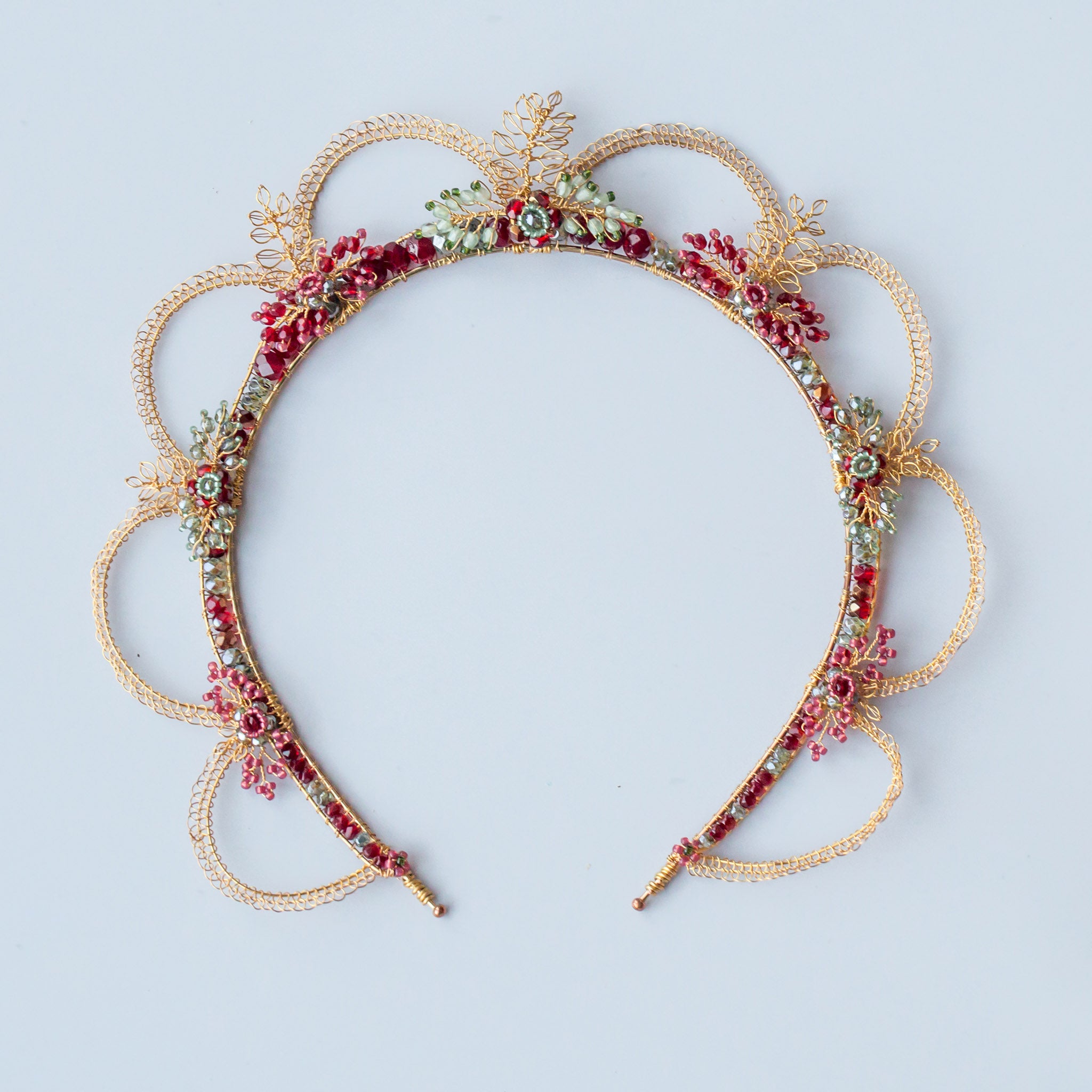 Oriana statement wedding crown in gold with handmade wire leaves, beaded flowers by Judith Brown Bridal