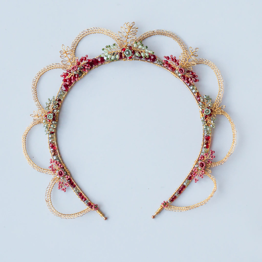 Oriana statement wedding crown in gold with handmade wire leaves, beaded flowers by Judith Brown Bridal