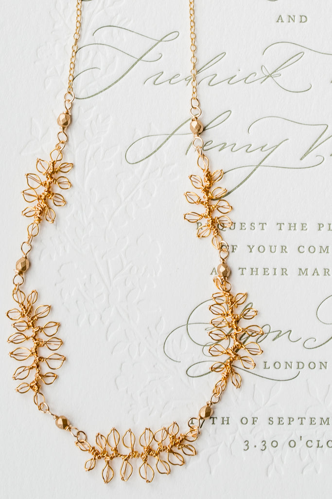 Handmade leaf necklace in gold wire by Judith Brown Bridal