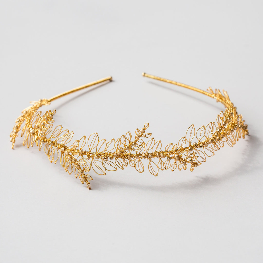 Ornella gold wire wedding headpiece with handmade leaves by Judith Brown